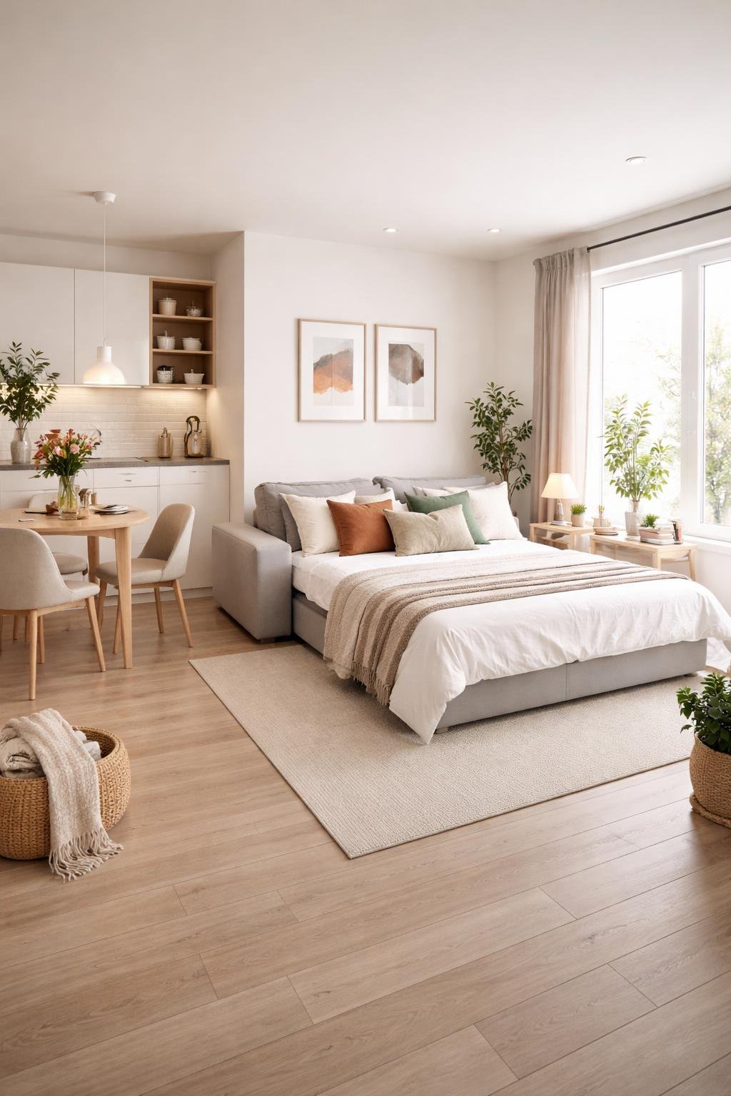 Wide view of a studio apartment featuring a sofa bed, dining area, kitchenette, and decorative plants in a bright, organized space.