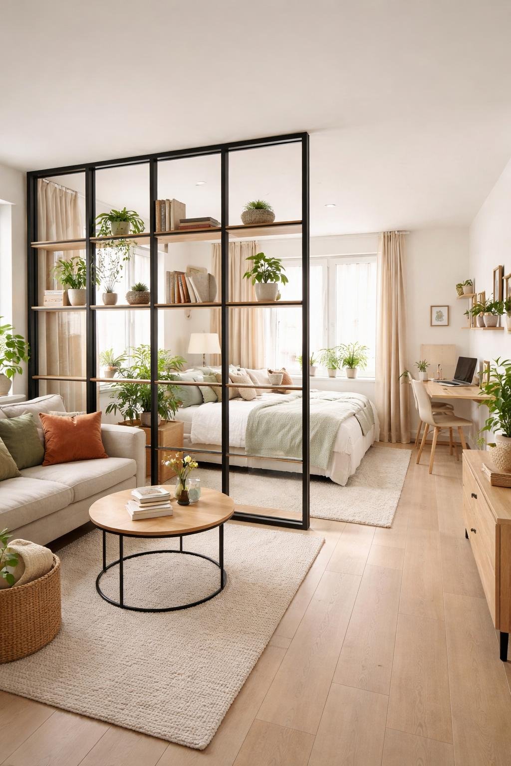A full view of a studio apartment with a stylish room divider separating the living area from the sleeping or workspace, showing a neatly arranged and bright interior.