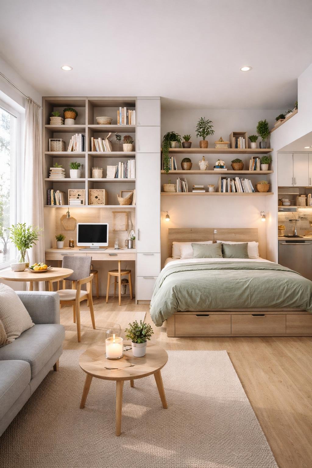 A studio apartment with vertical shelves and storage units covering the walls, containing books and decor, a sofa, dining table, bed with shelving above, and a kitchen area in the background.
