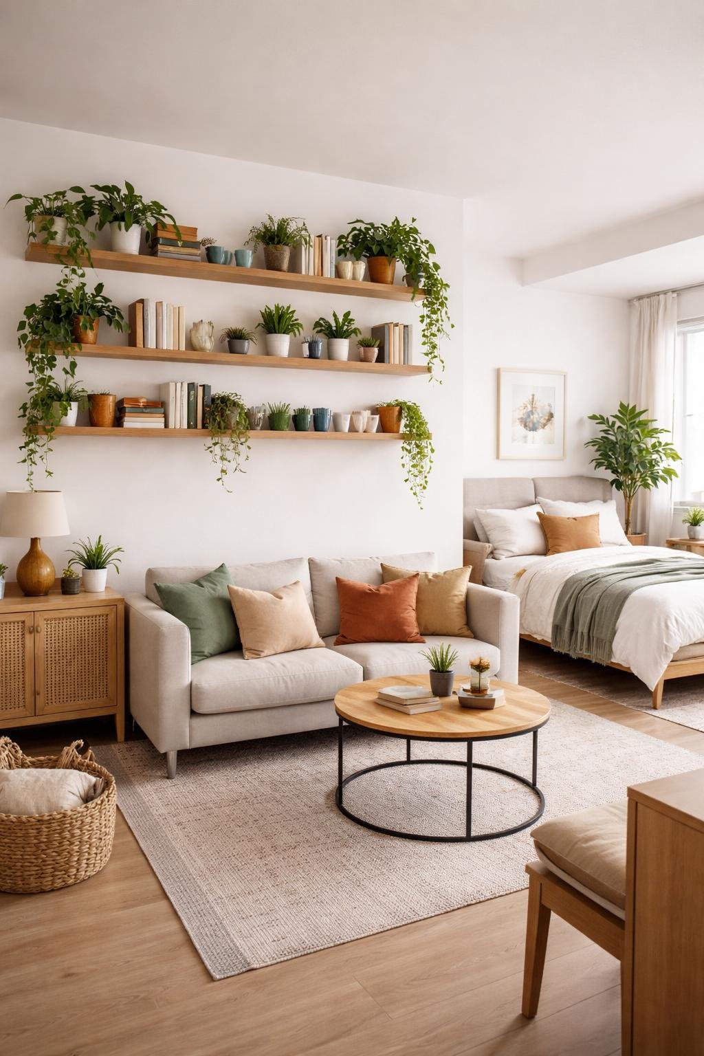 Wide view of a studio apartment with floating shelves holding plants, books, and coffee mugs, showing the living and sleeping areas in one open space.
