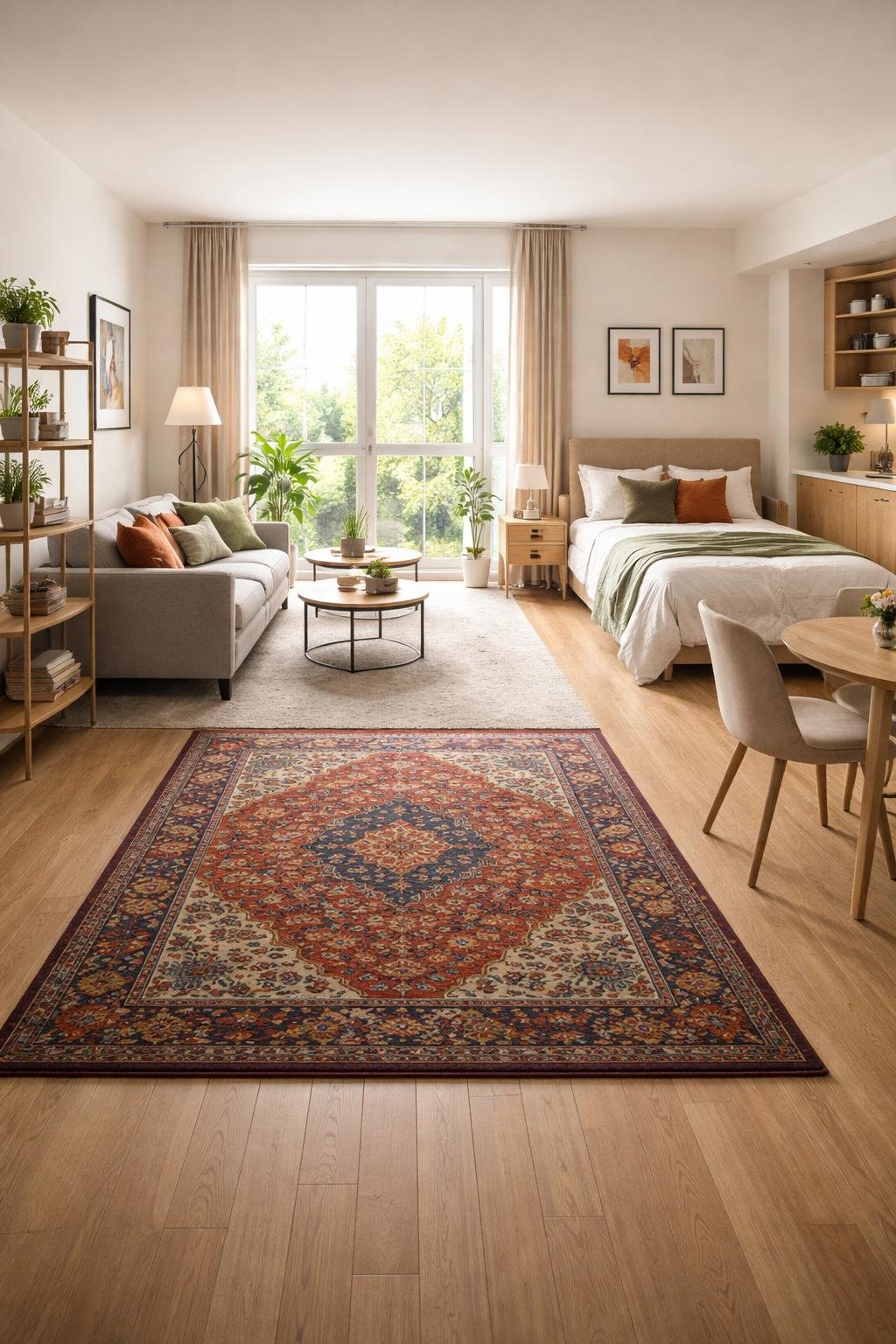 A studio apartment with a small colorful rug in the center, a bed, sofa, coffee table, dining area, plants, and large windows letting in natural light.