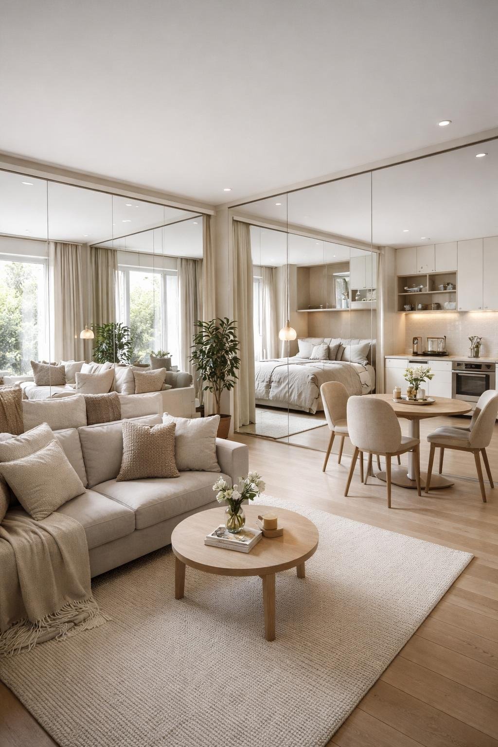 Wide view of a studio apartment with mirrors reflecting the room to create a sense of doubled space, featuring a living area, dining table, kitchenette, and sleeping nook.