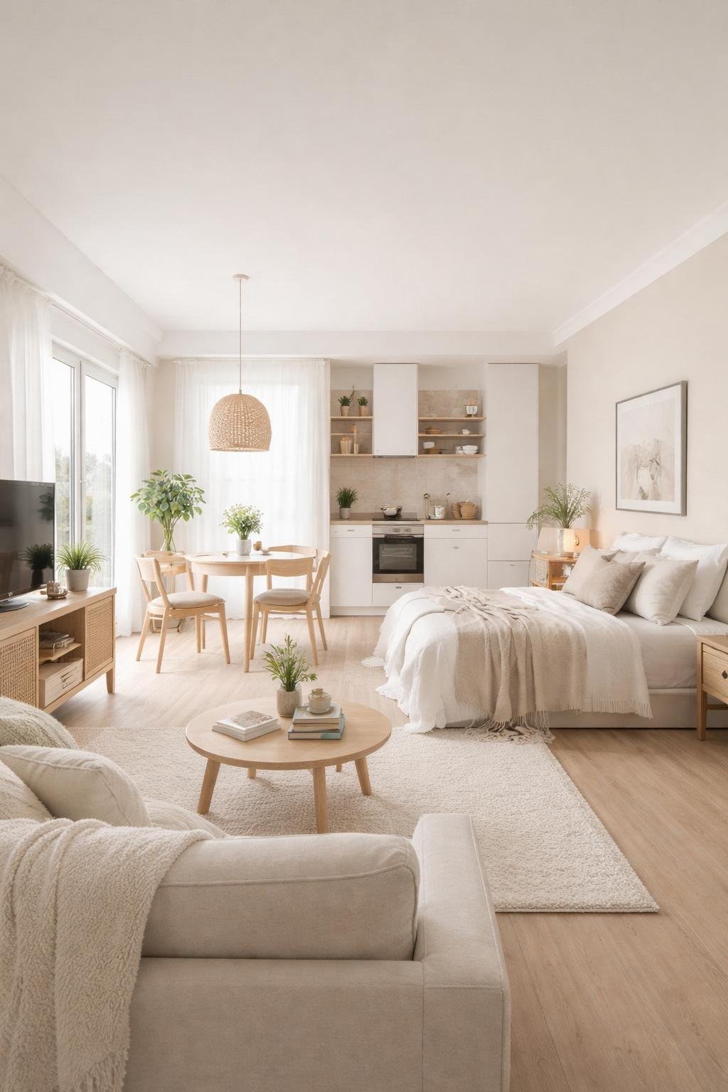 Wide view of a studio apartment with light-colored walls, a living area, dining table, kitchenette, and sleeping space arranged in an open layout.