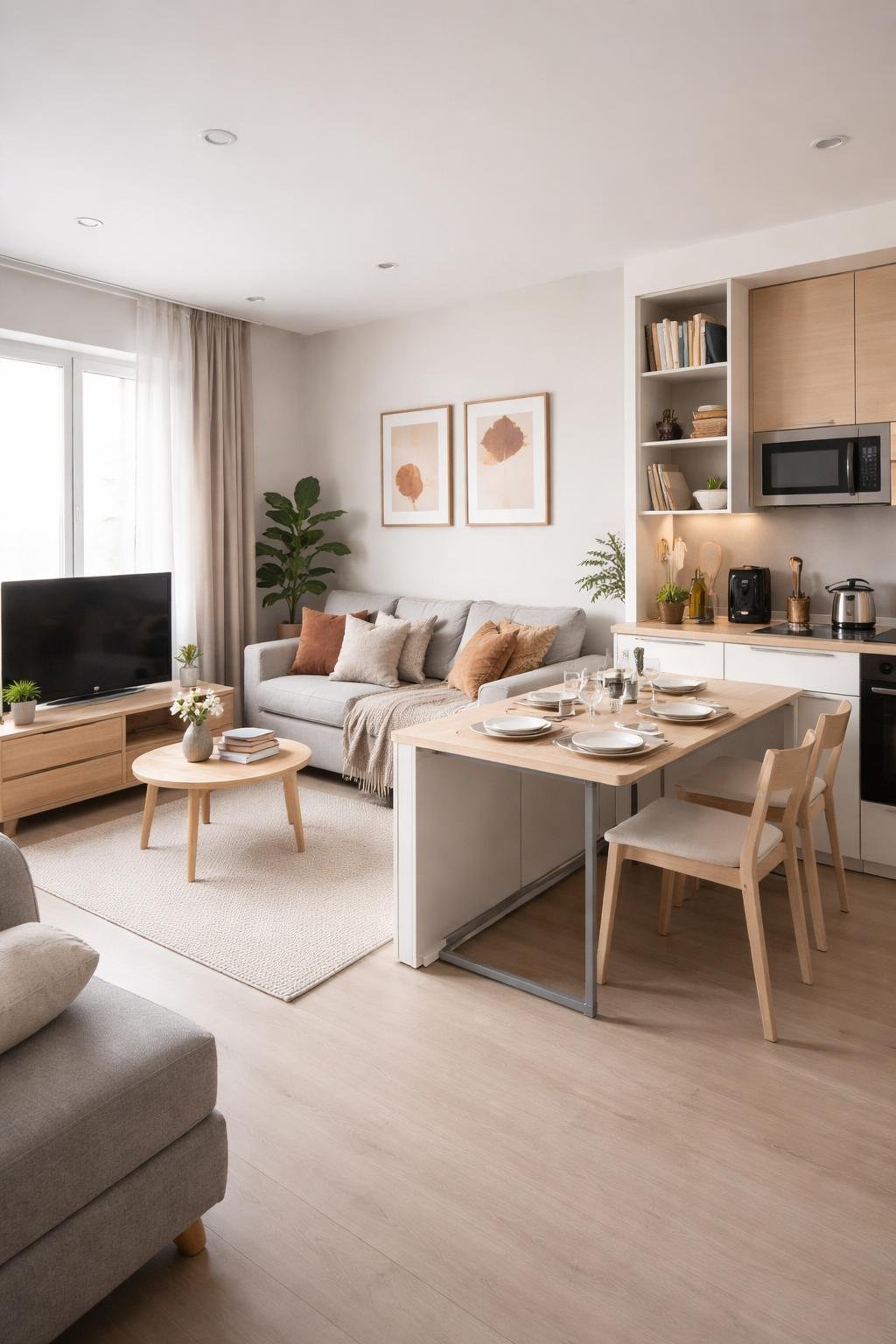 Wide view of a studio apartment with a foldable dining table, sofa, kitchen area, and decorative plants in a neat and organized living space.