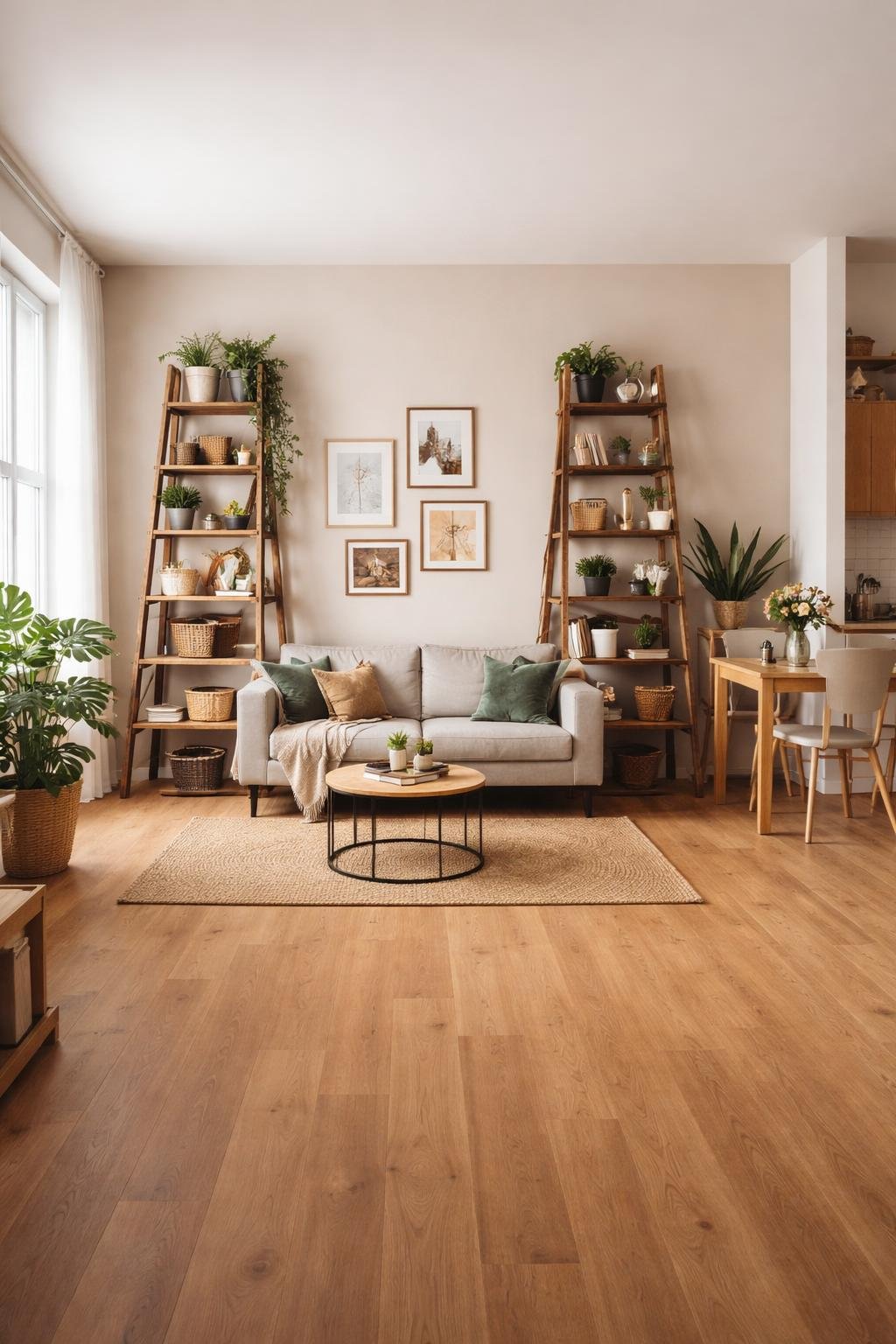A studio apartment with vintage ladders used as shelves holding books and plants, a sofa, coffee table, and dining area in one open room.