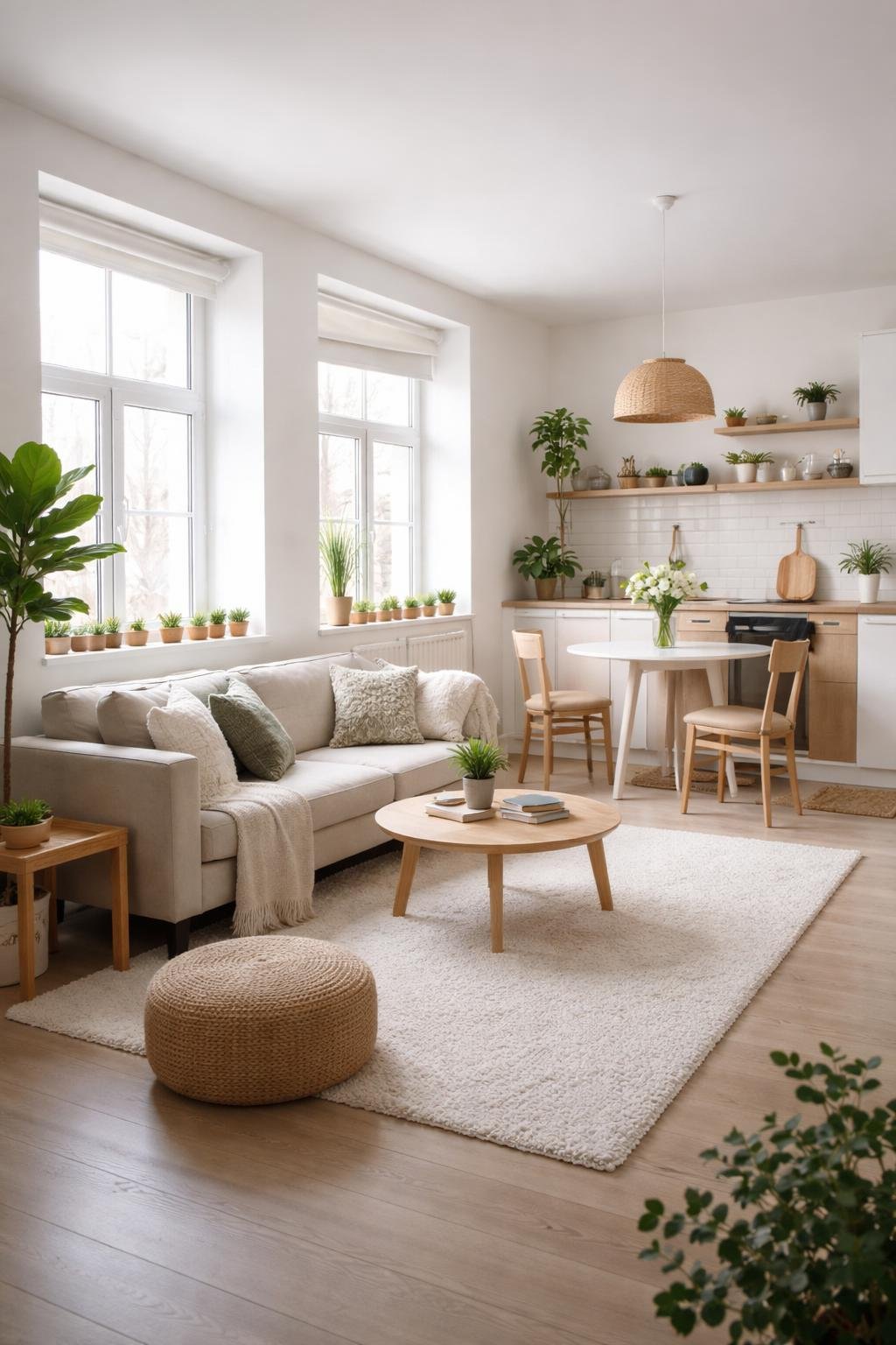Wide view of a studio apartment showing a living area, dining table, kitchen, and windowsills decorated with small succulents.