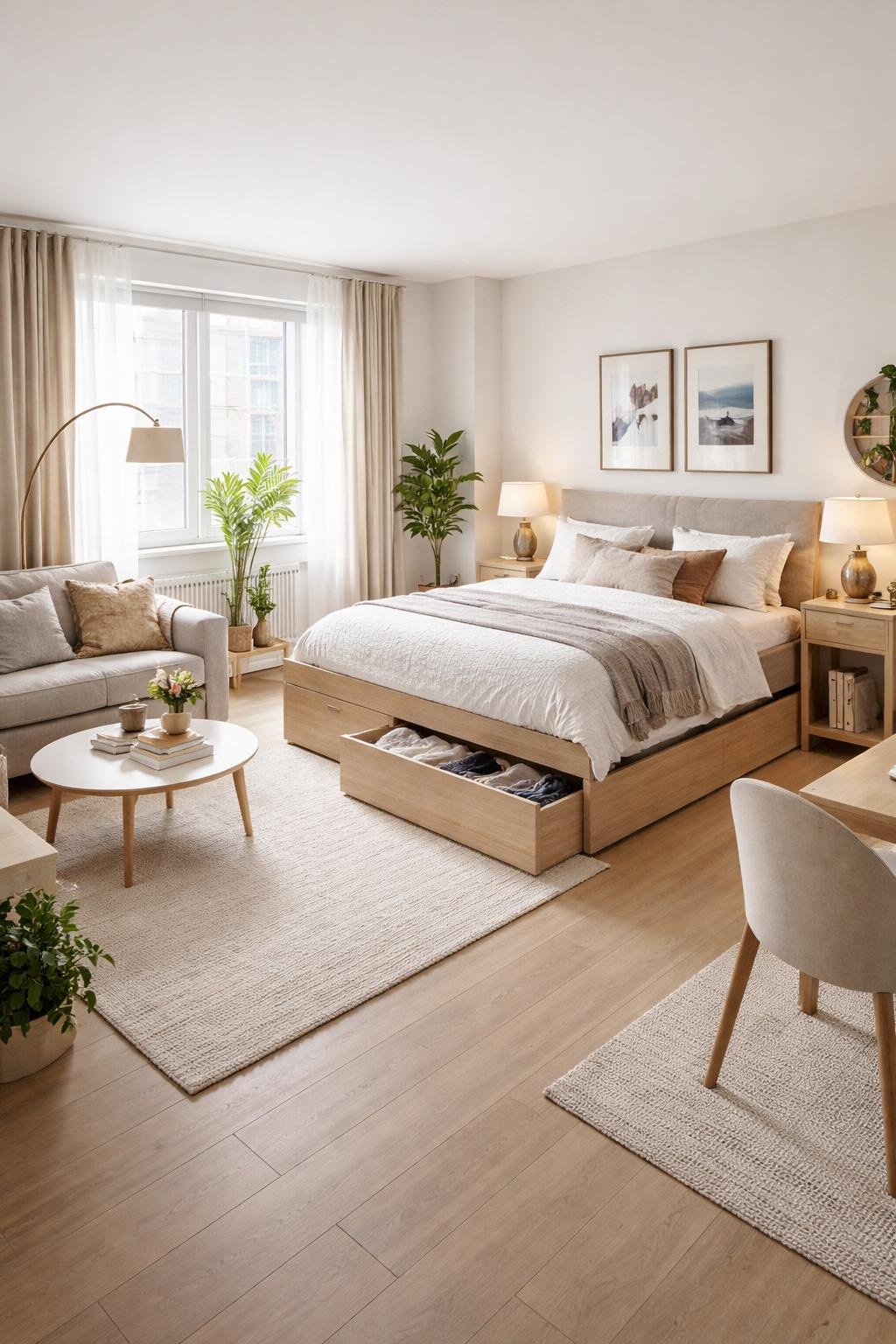 A wide view of a studio apartment showing a bed with built-in drawers, a seating area, desk, and large windows letting in natural light.