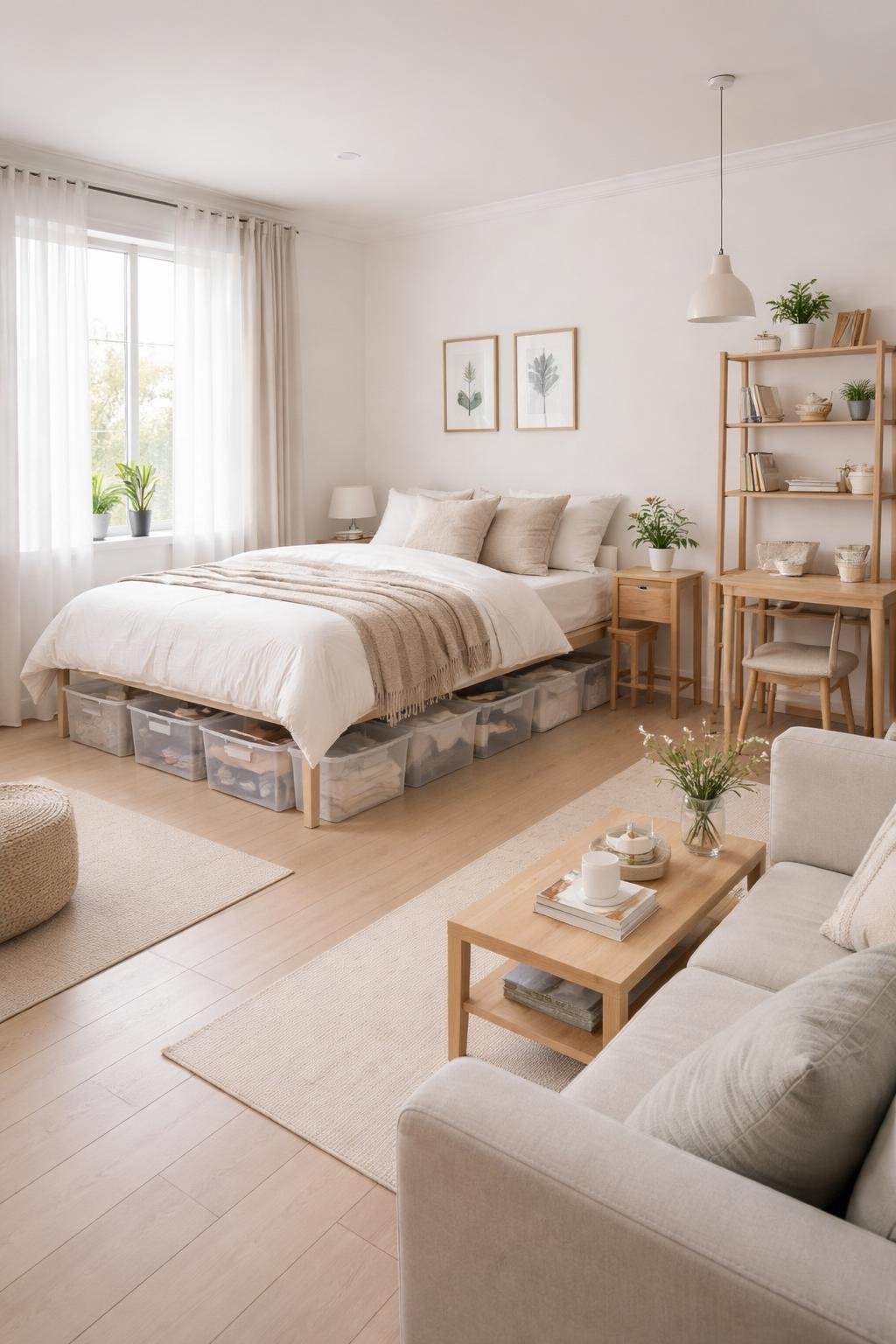 Wide view of a tidy studio apartment with a bed elevated to show clear under-bed storage bins and a clean floor, featuring a small living area and natural light from a large window.