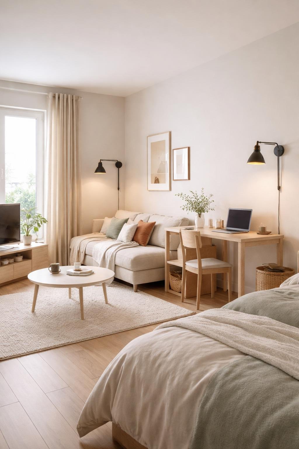 A wide view of a studio apartment showing a living area with wall-mounted lamps, a sofa, coffee table, and dining space, all neatly arranged.
