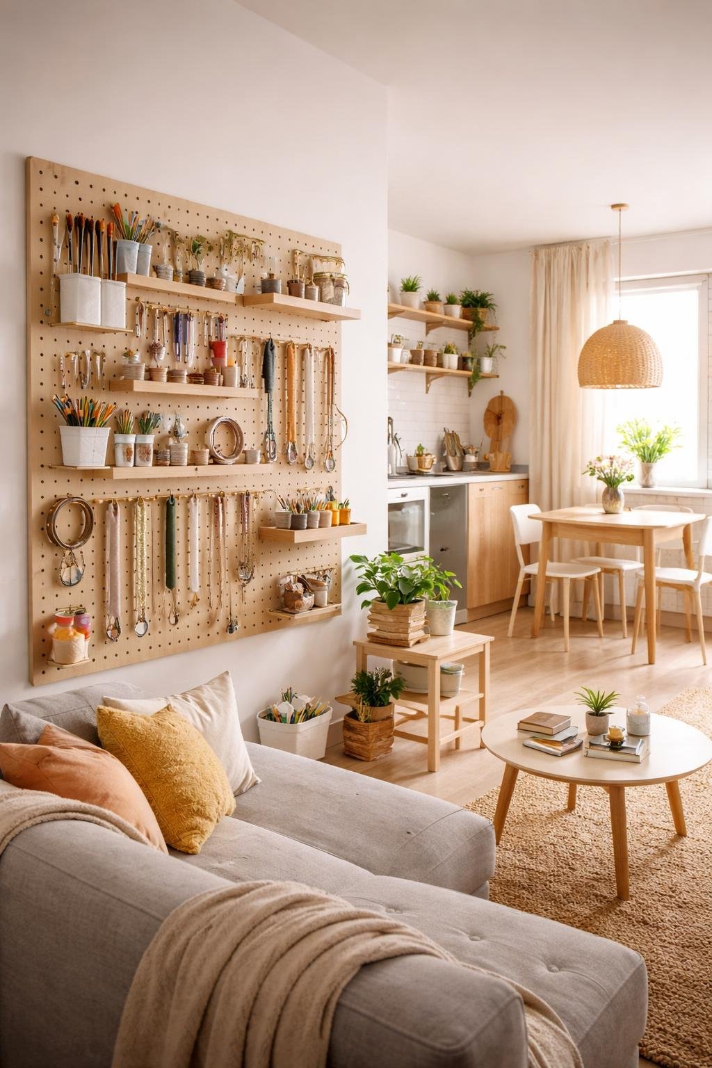 A studio apartment with a DIY pegboard organizer holding art supplies and jewelry, a seating area, dining table, and kitchen corner all visible in one wide shot.