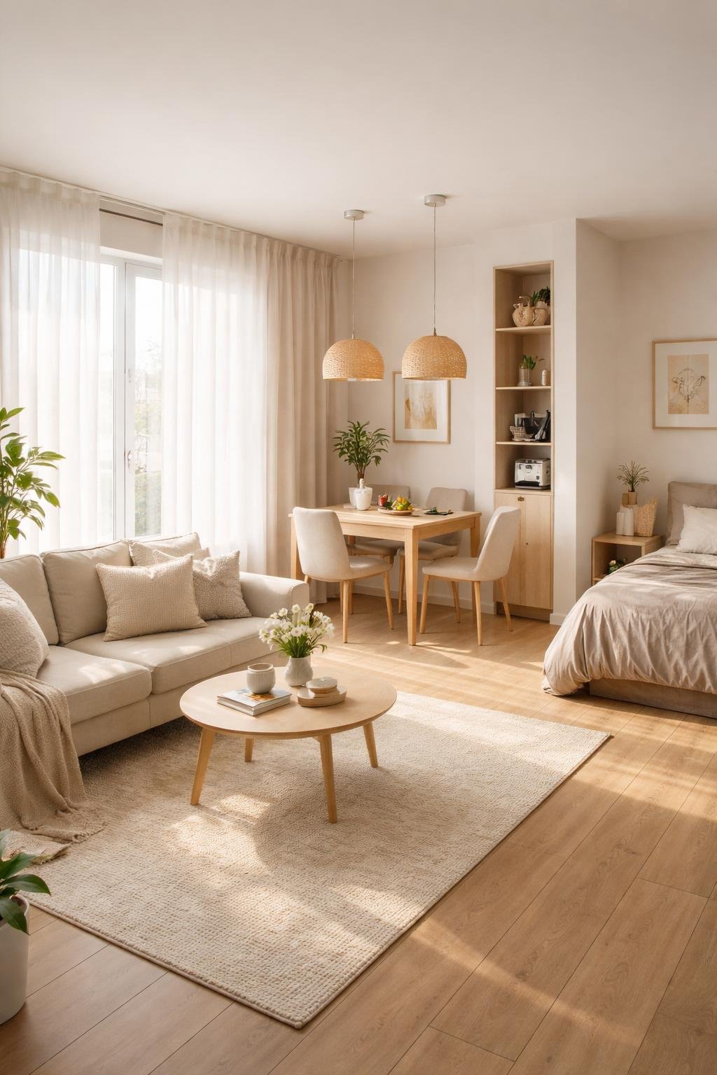 A sunlit studio apartment with sheer curtains, a sofa, coffee table, dining area, plants, and light wood flooring, showing the entire room.