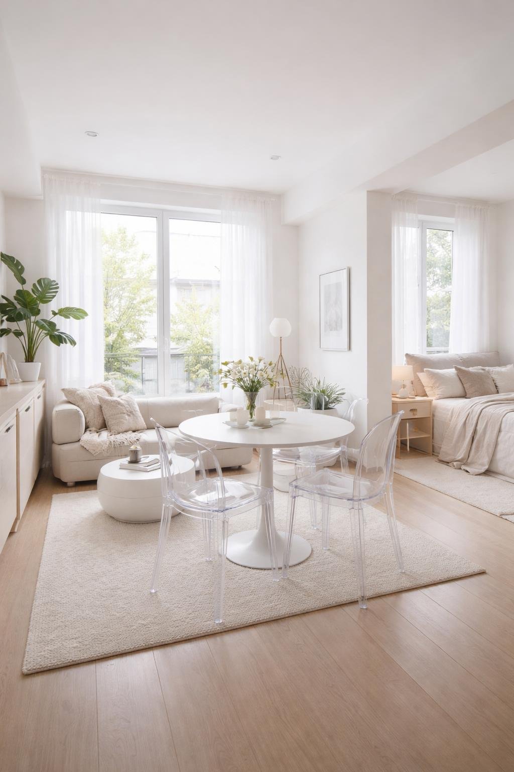 A studio apartment with translucent ghost chairs, a small dining table, a sofa, and large windows letting in natural light.