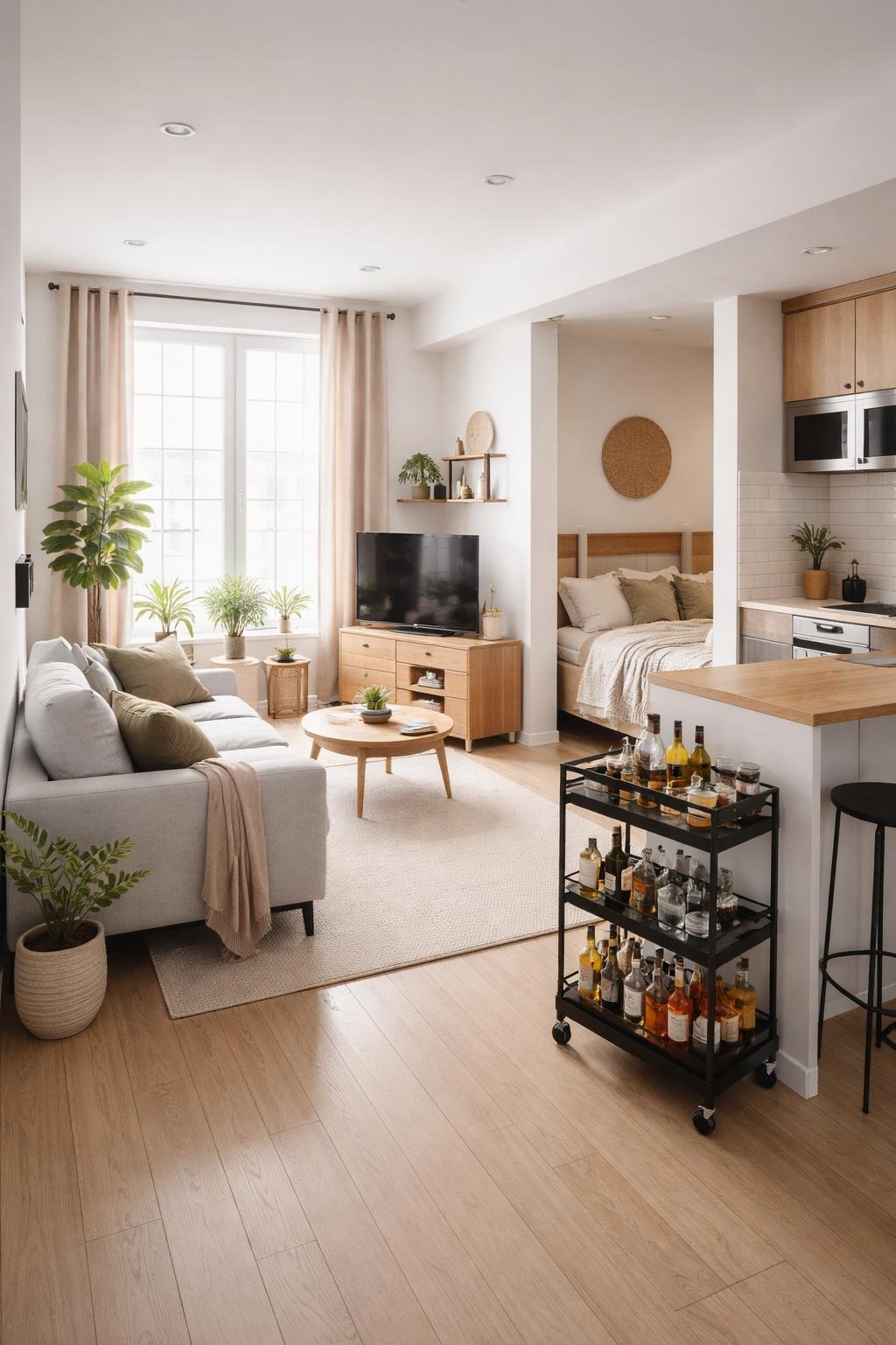 Wide view of a studio apartment showing a living area, kitchen, sleeping space, and a rolling cart with bar items.