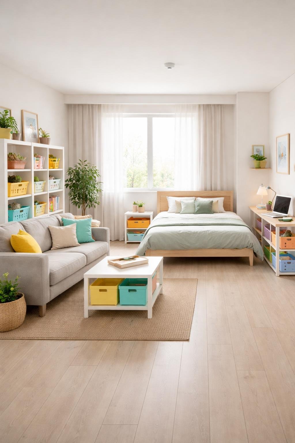 A wide view of a studio apartment showing a living and sleeping area with colorful baskets and bins used for organization.