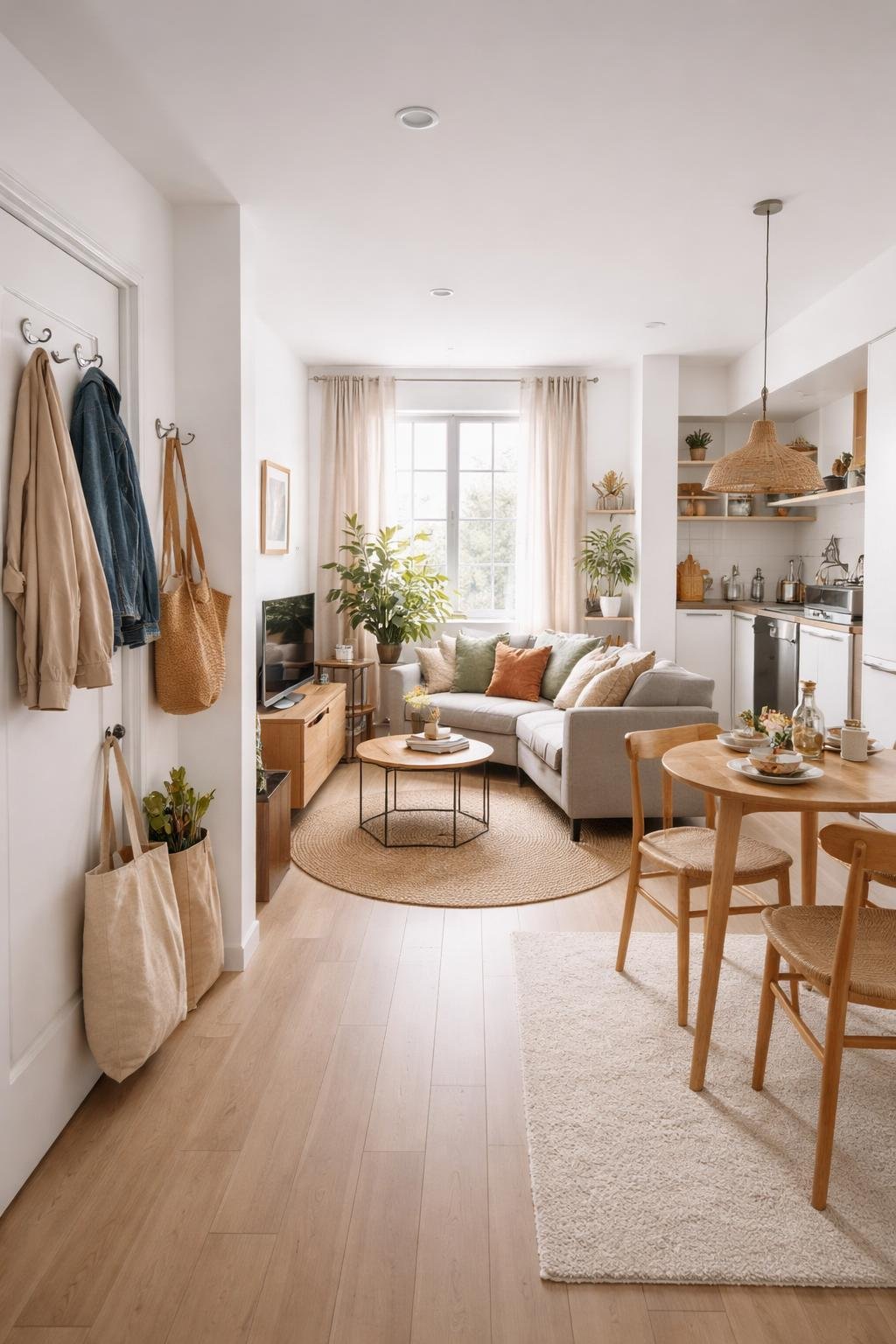 Wide view of a studio apartment showing hooks behind doors holding coats and bags, with a living area, dining table, and kitchenette in one open space.