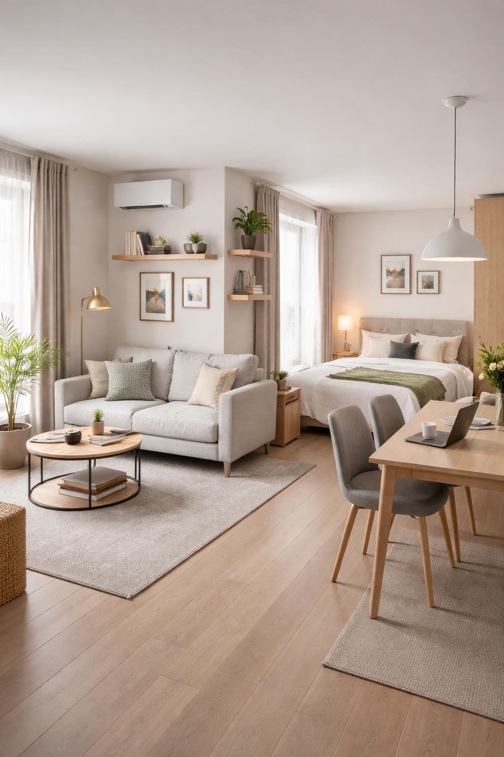 Wide view of a studio apartment showing a living area, bed, dining table, and storage solutions in one open space.