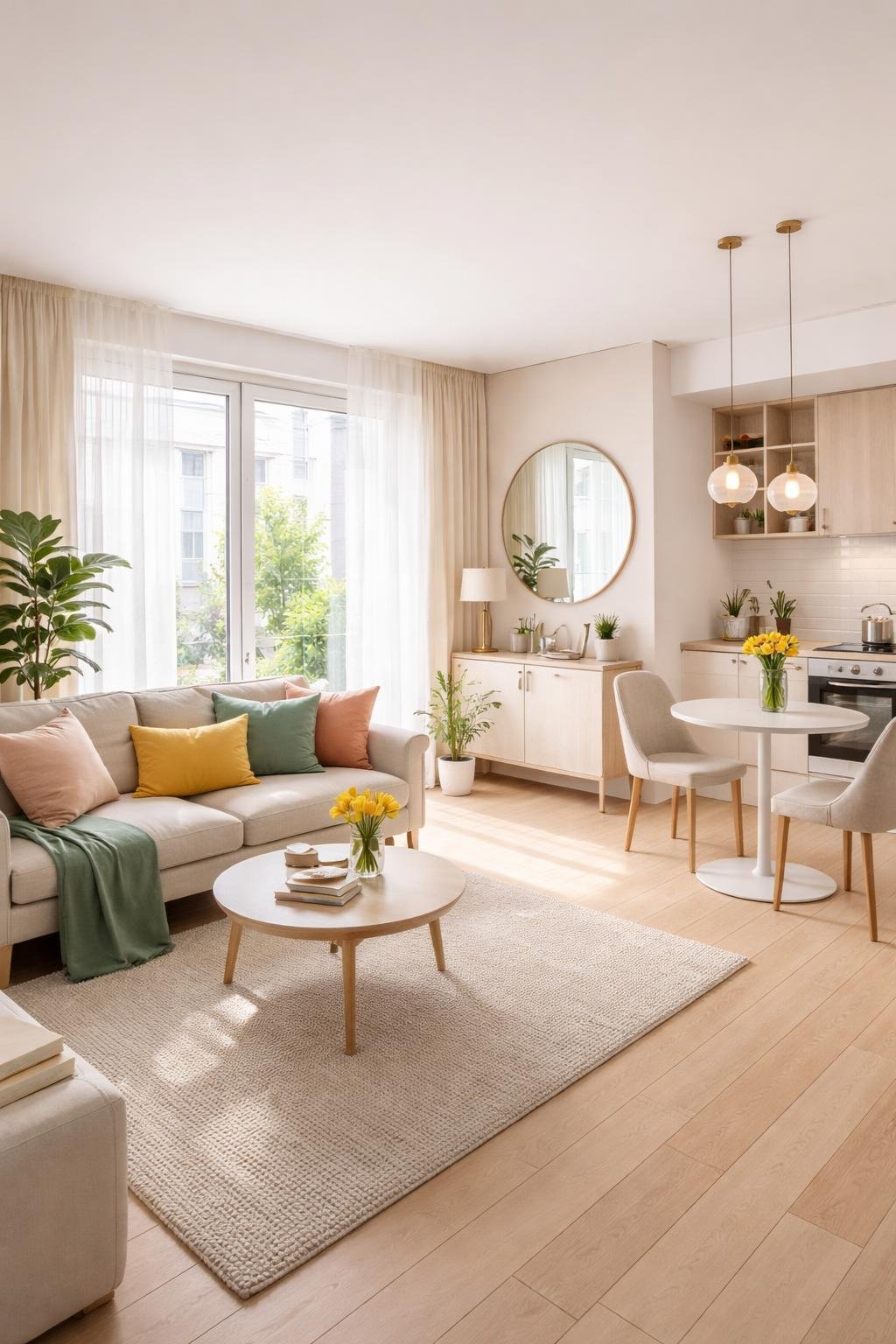 Wide view of a bright and open studio apartment with a living area, dining table, kitchenette, large windows, and decorative plants.