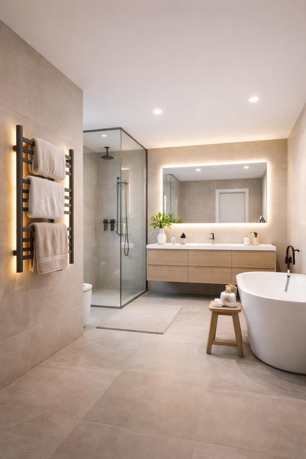 A full view of an apartment bathroom with a heated towel rack, vanity, shower, bathtub, and neatly arranged towels.