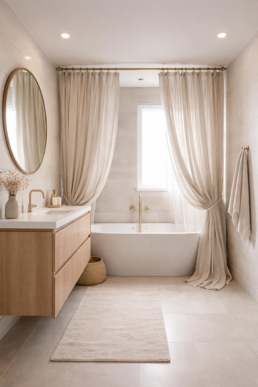 A full view of an apartment bathroom with a bathtub featuring linen drapes instead of a shower curtain, a vanity with a mirror, and clean, minimalistic decor.