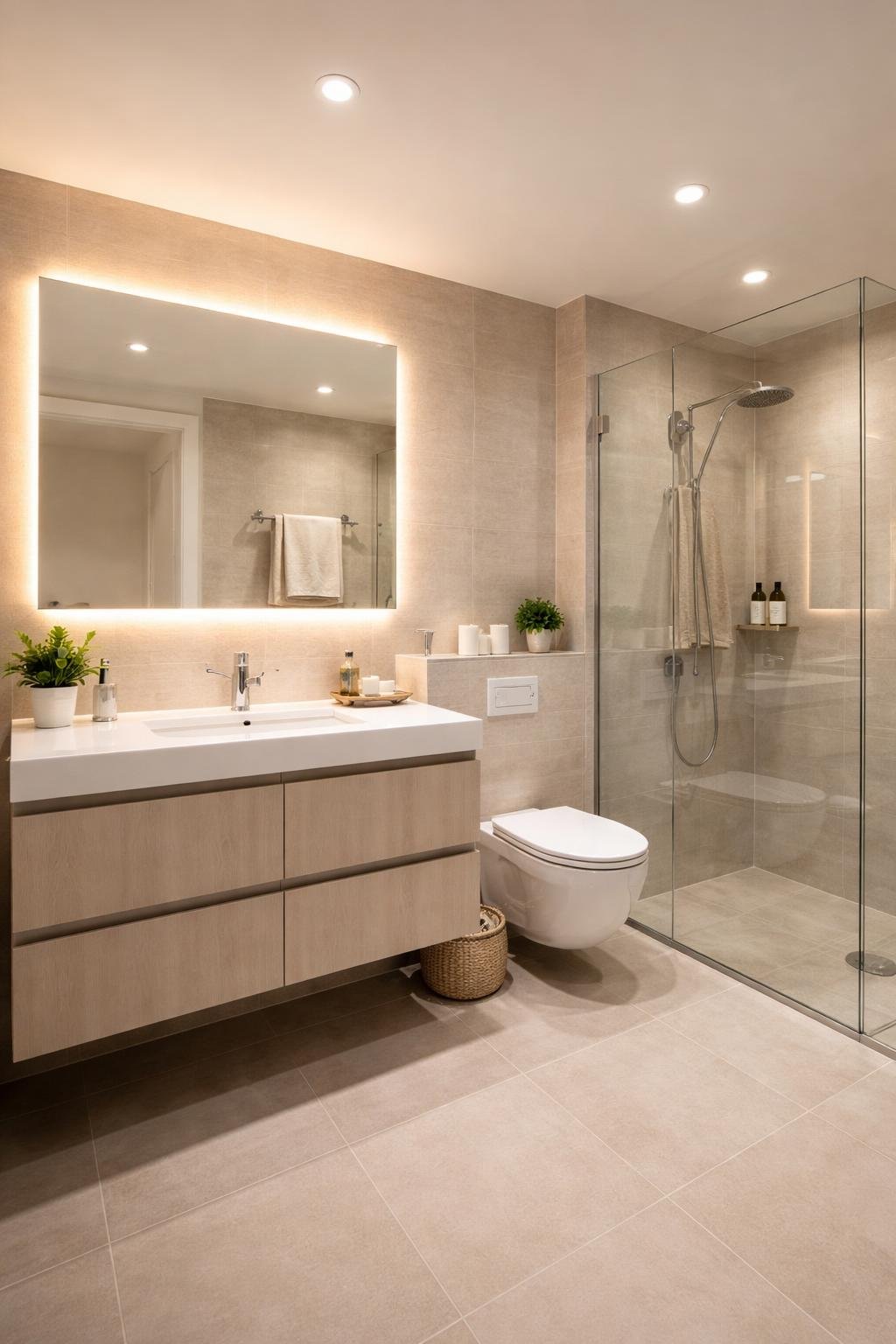 Full view of a modern apartment bathroom with a large LED-lit mirror, vanity, shower, and toilet.