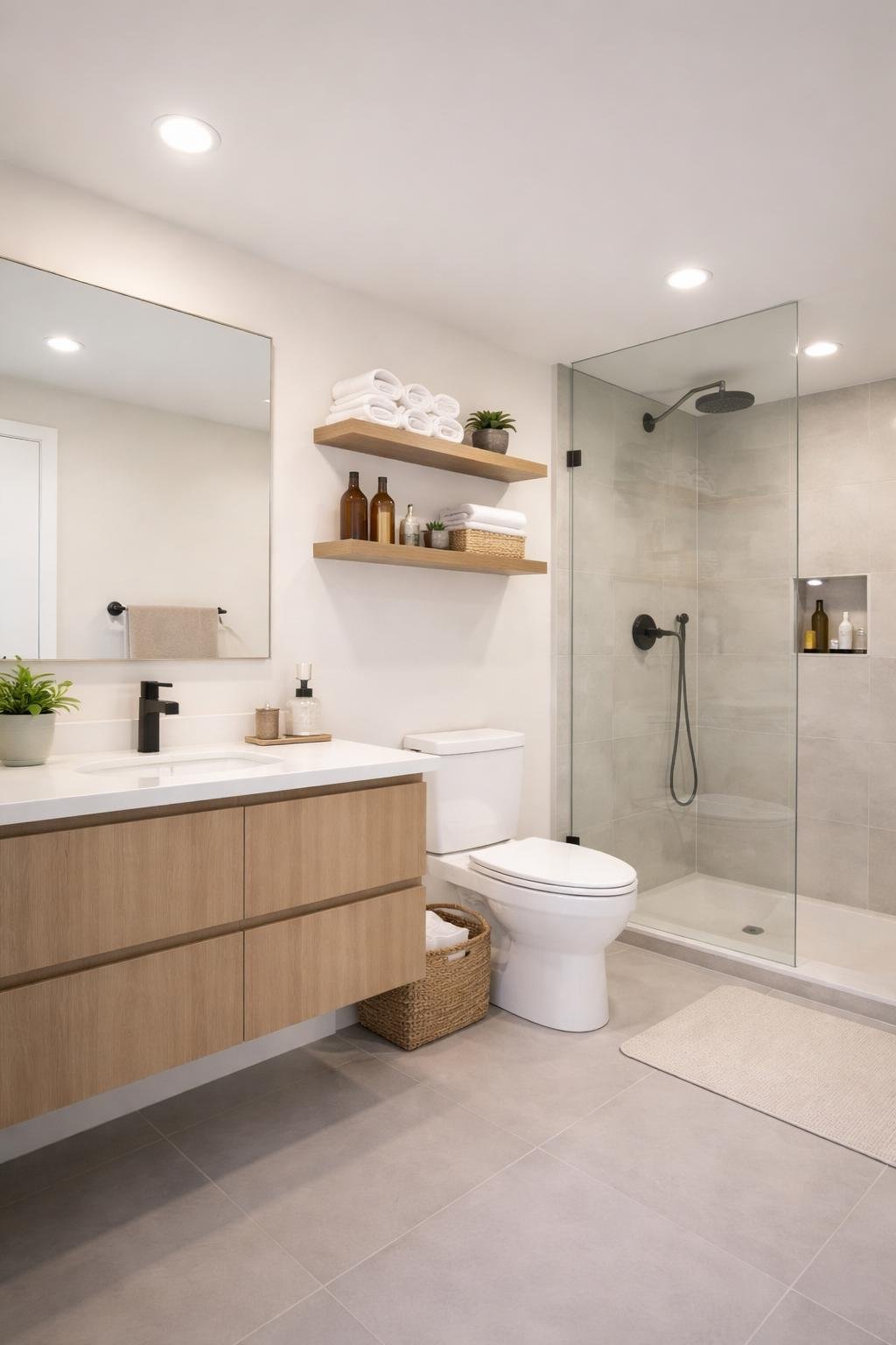 Full view of an apartment bathroom with floating shelves holding rolled towels, amber bottles, and a succulent, along with a vanity, mirror, toilet, and shower.