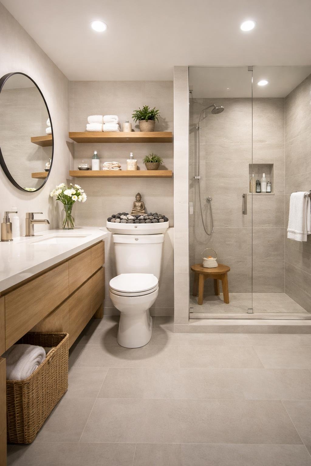 Wide view of an apartment bathroom with a mini zen garden of smooth stones and a small Buddha statue on the back of the toilet.