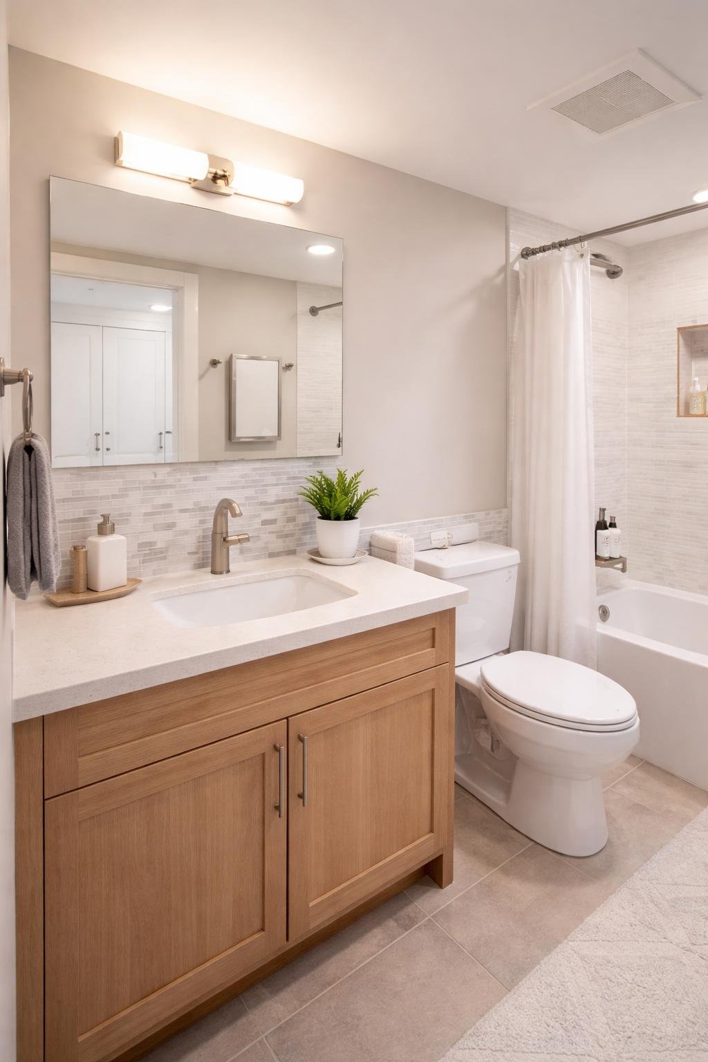 Full view of an apartment bathroom with peel-and-stick backsplash tiles behind the sink, showing a sink, mirror, toilet, and shower in a clean and organized space.