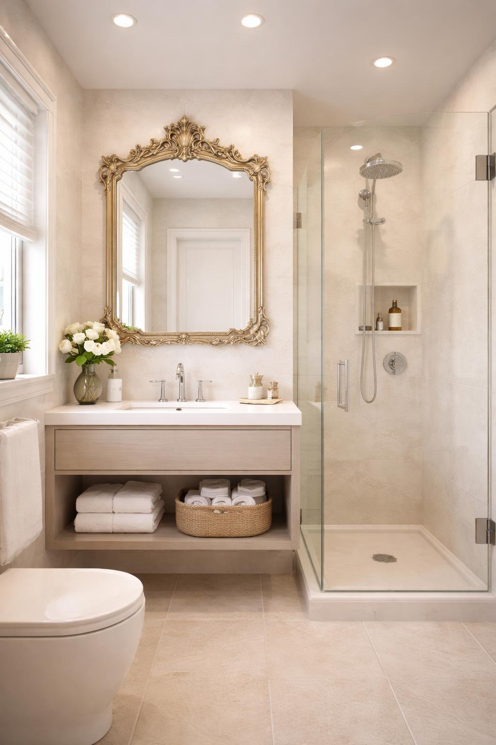 A small apartment bathroom with a large mirror above the sink, a shower with glass doors, and neatly arranged towels.