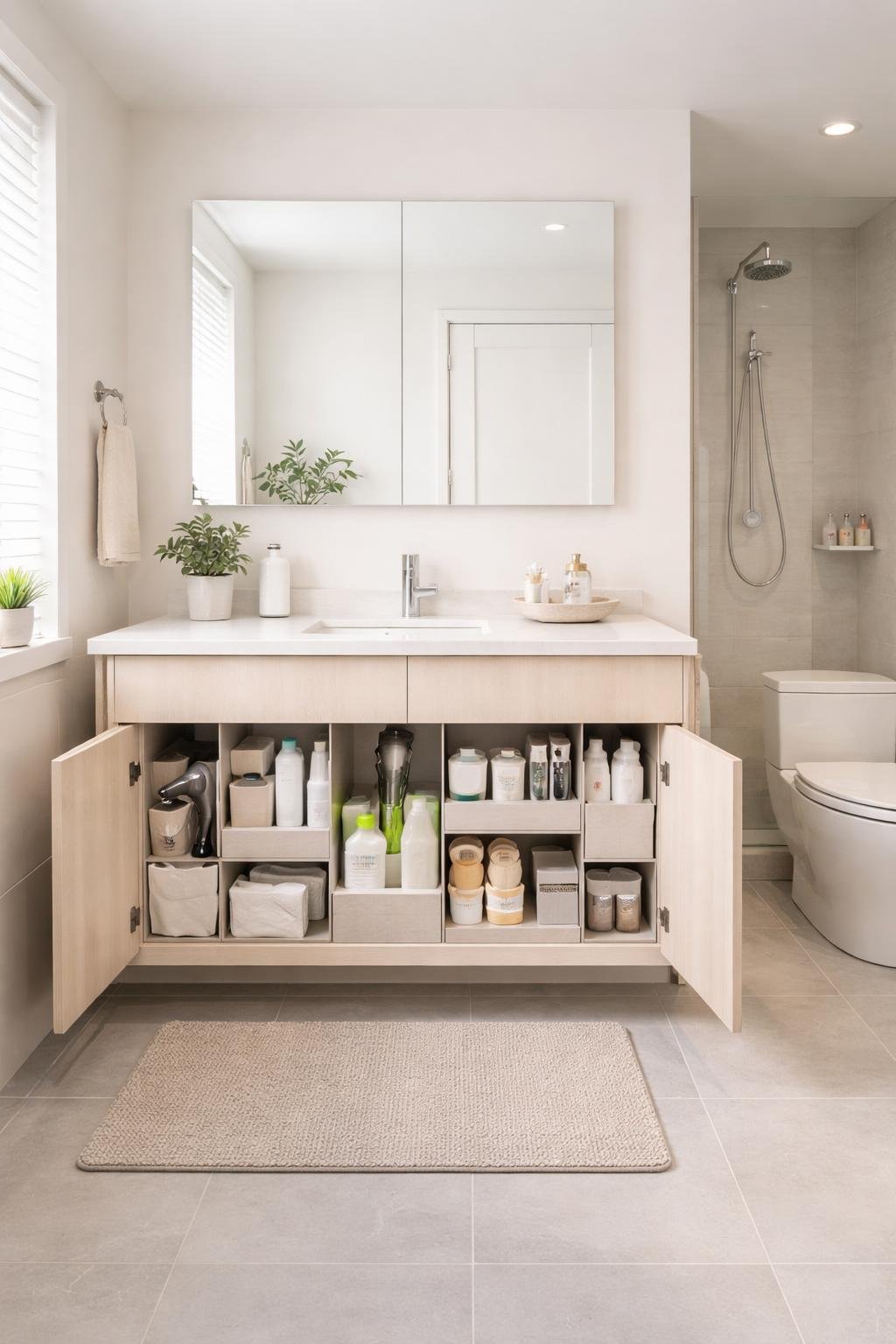 A full view of a modern apartment bathroom with a vanity featuring under-sink organizers shaped like tiny Tetris pieces, a mirror, toilet, and glass shower.