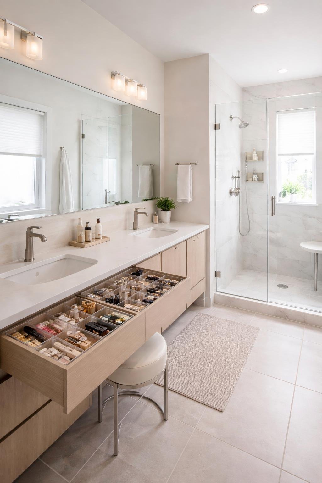 A full view of an apartment bathroom with a vanity featuring clear acrylic drawer dividers organizing makeup, a glass shower, tiled floor, and a frosted window letting in natural light.