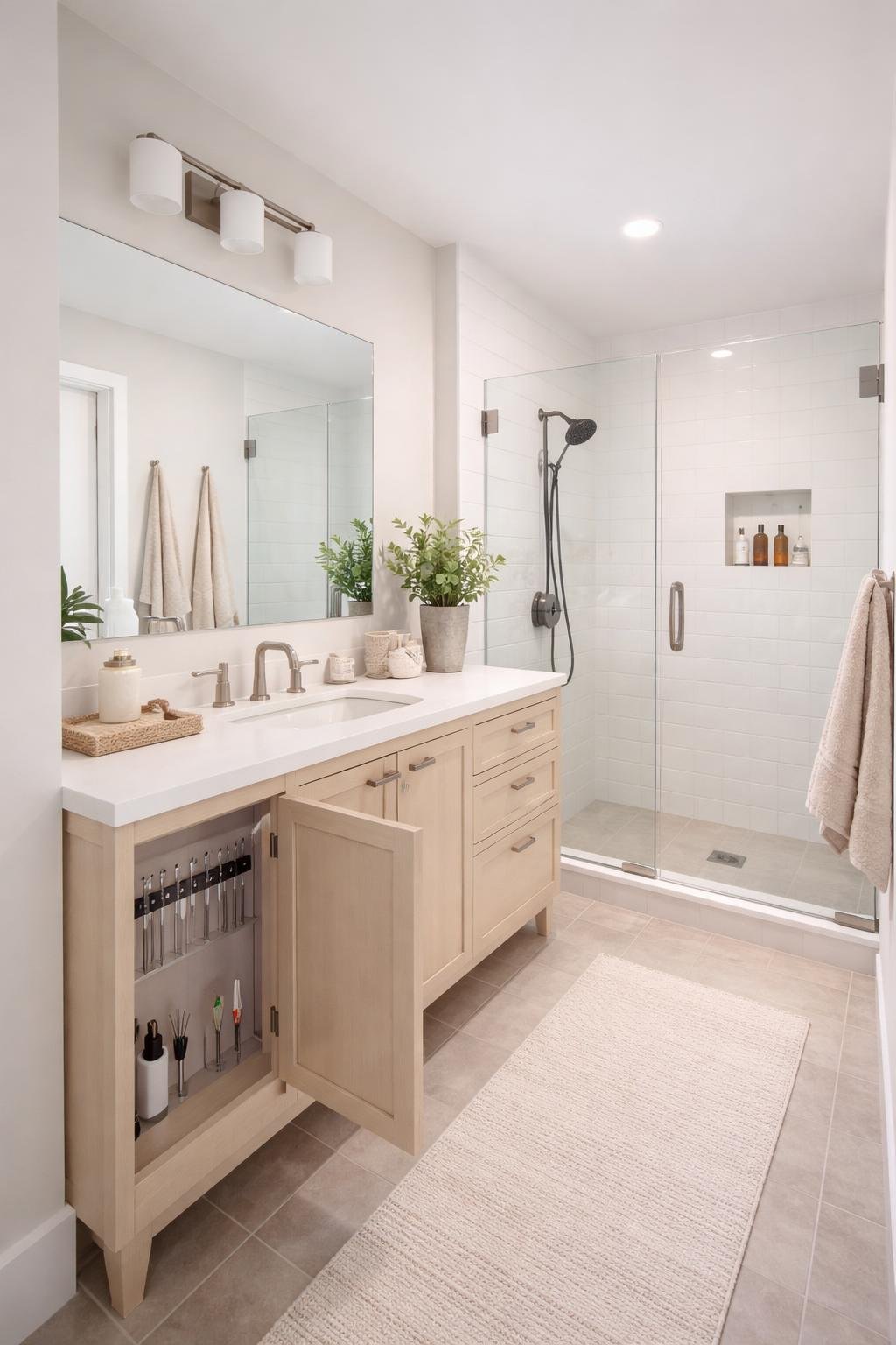 A full view of an apartment bathroom with an open cabinet door showing a magnetic strip holding bobby pins and tweezers, a vanity with a sink and mirror, and a shower area.