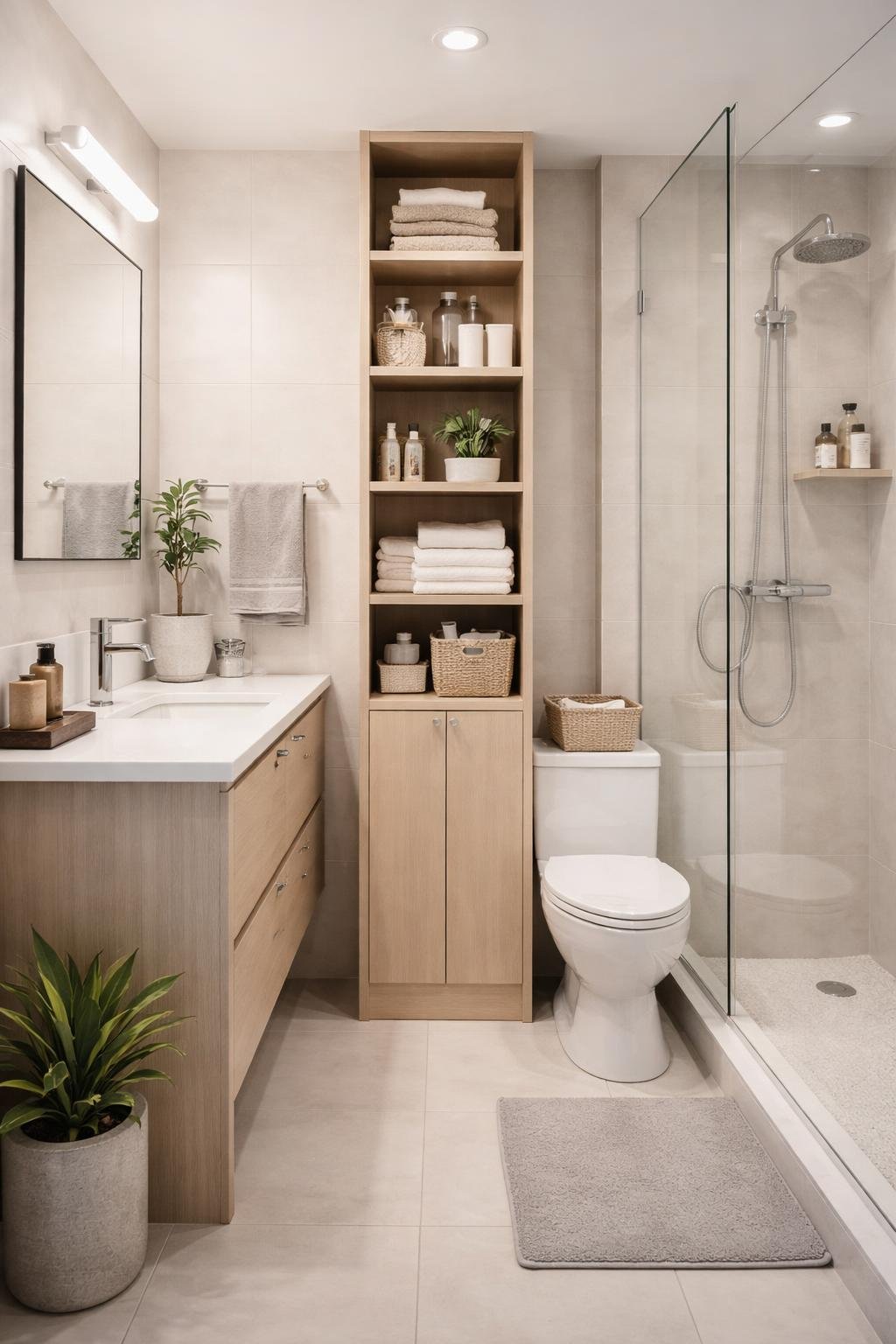 A small apartment bathroom with a narrow, tall storage tower, a sink, toilet, and shower, all visible in a wide shot showing the entire room.