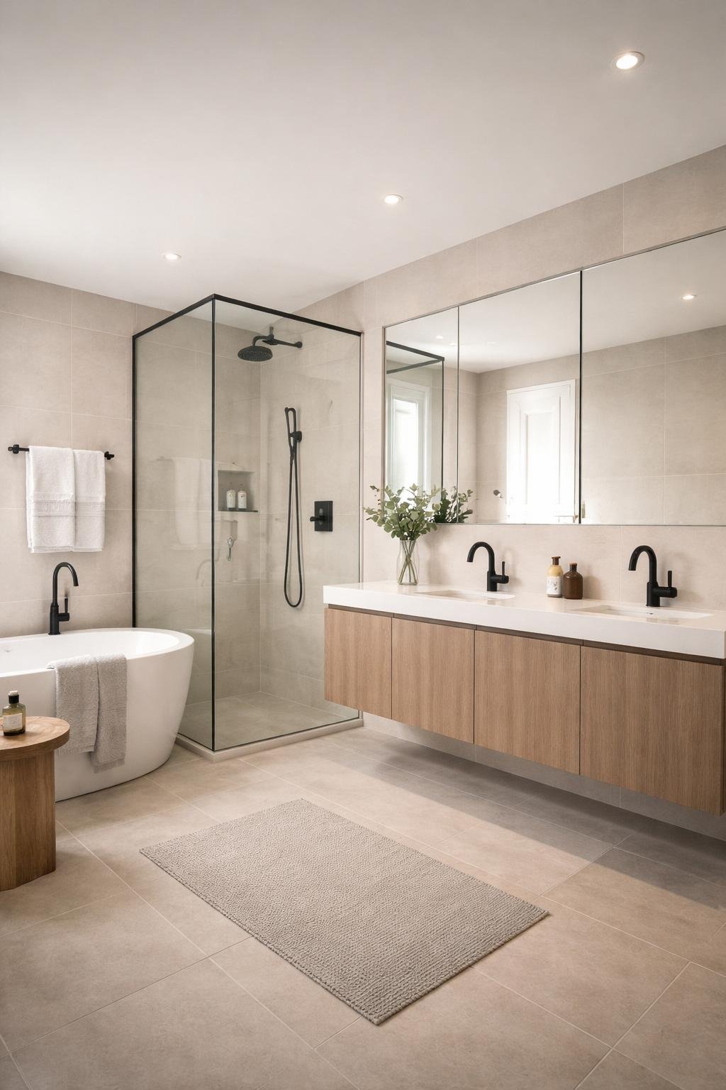 A full view of an apartment bathroom with black matte faucets, a vanity, mirror, bathtub, and shower, all neatly arranged.