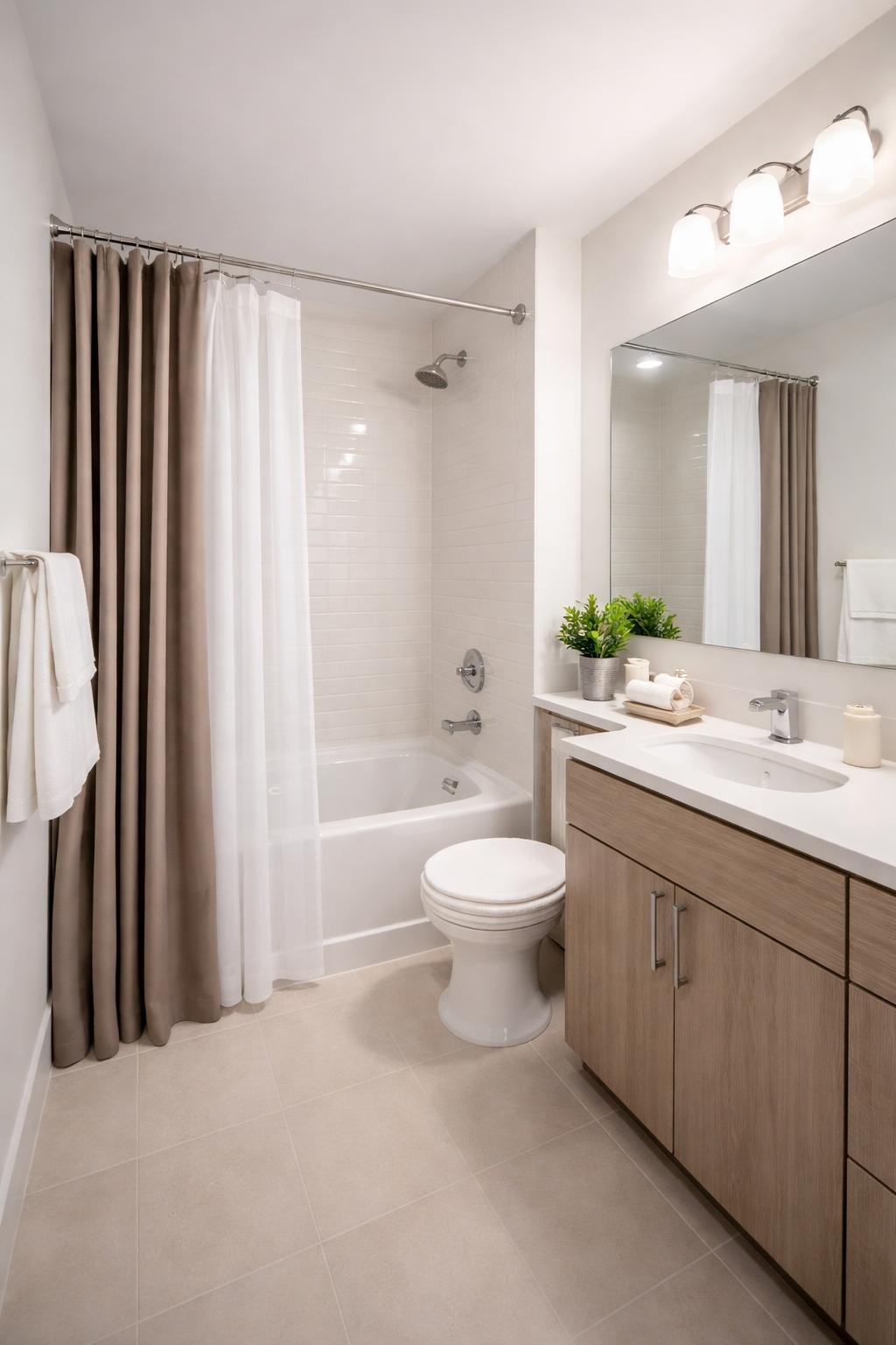 A full view of an apartment bathroom with a bathtub featuring a double curtain on a tension rod, a vanity with a sink and mirror, and neatly arranged bathroom accessories.