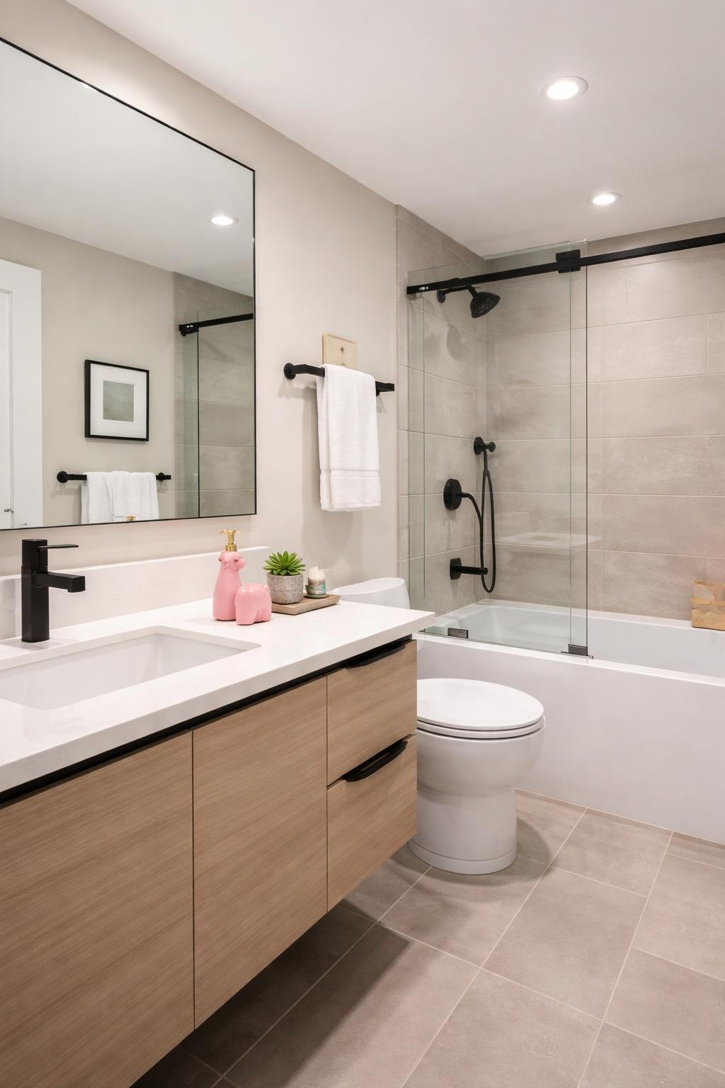 A full view of an apartment bathroom with a vanity, mirror, bathtub, and a playful llama or flamingo-shaped soap dispenser on the countertop.