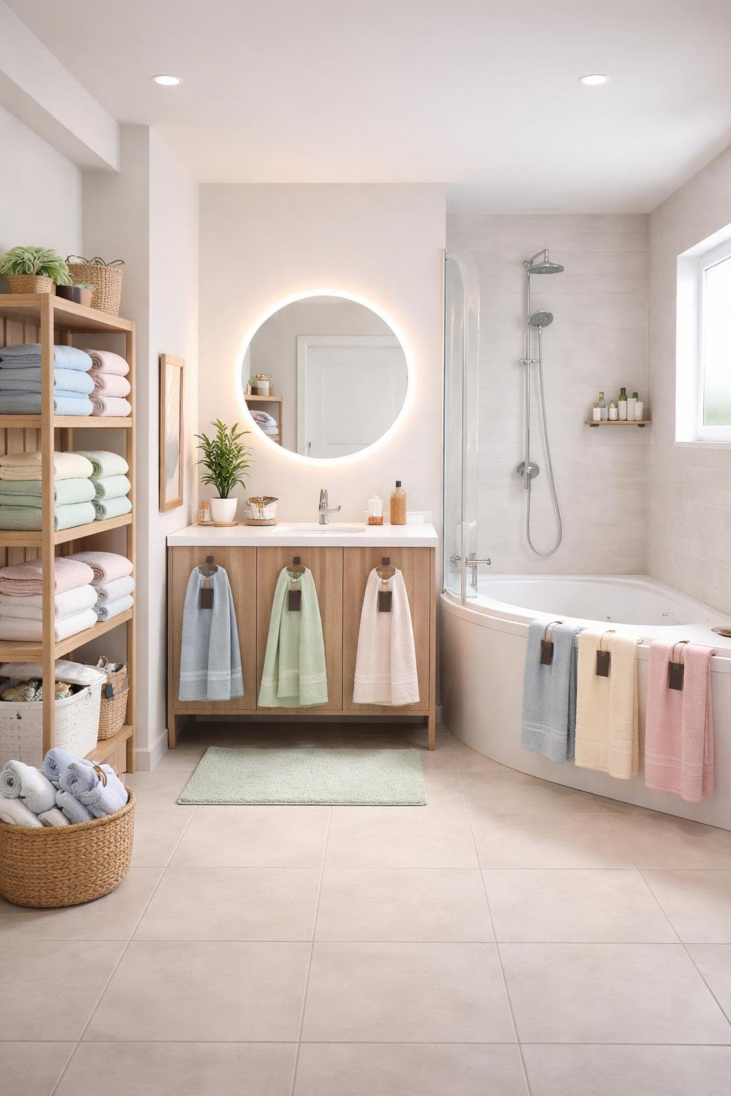 A full view of an apartment bathroom with a bathtub, vanity, shelves, and color-coded towels with small chalkboard tags hanging from them.