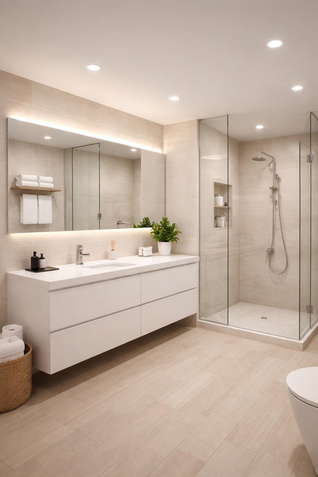 A full view of an apartment bathroom with a vanity, mirror, walk-in shower, towel rack, and a glowing neon sign on the wall.