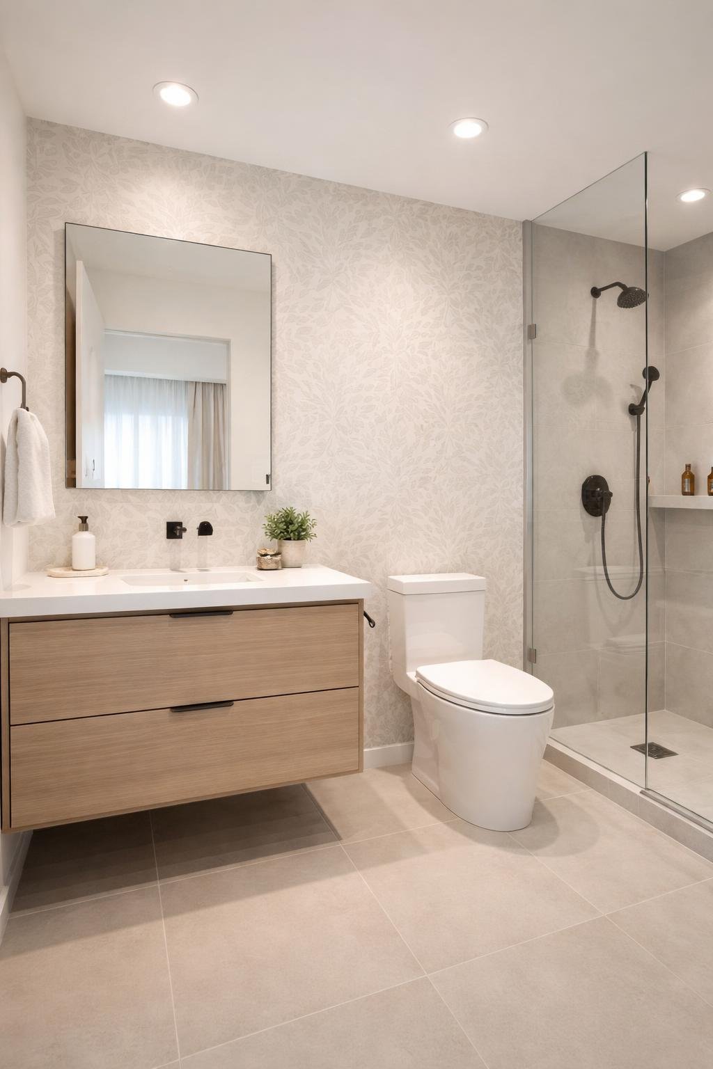 A wide view of an apartment bathroom showing a sink, mirror, toilet, glass shower, and patterned wallpaper on one wall.
