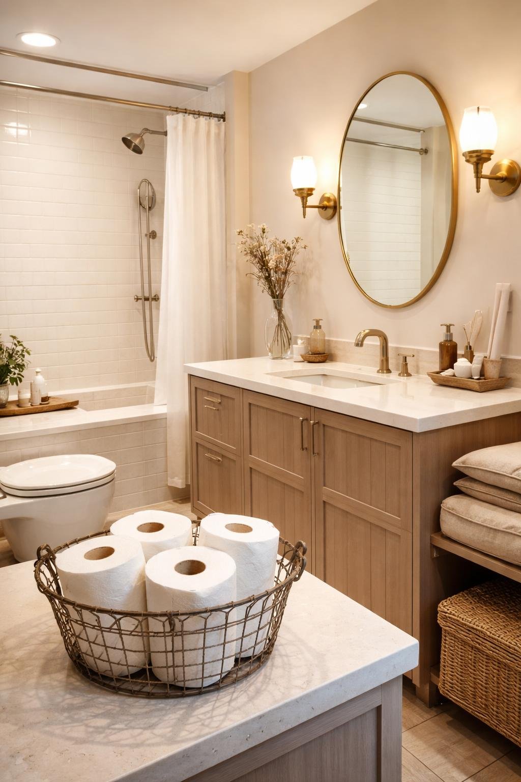 A full view of an apartment bathroom featuring a vintage wire basket holding toilet paper rolls, a vanity with a sink and mirror, and a shower area, all neatly arranged and well-lit.