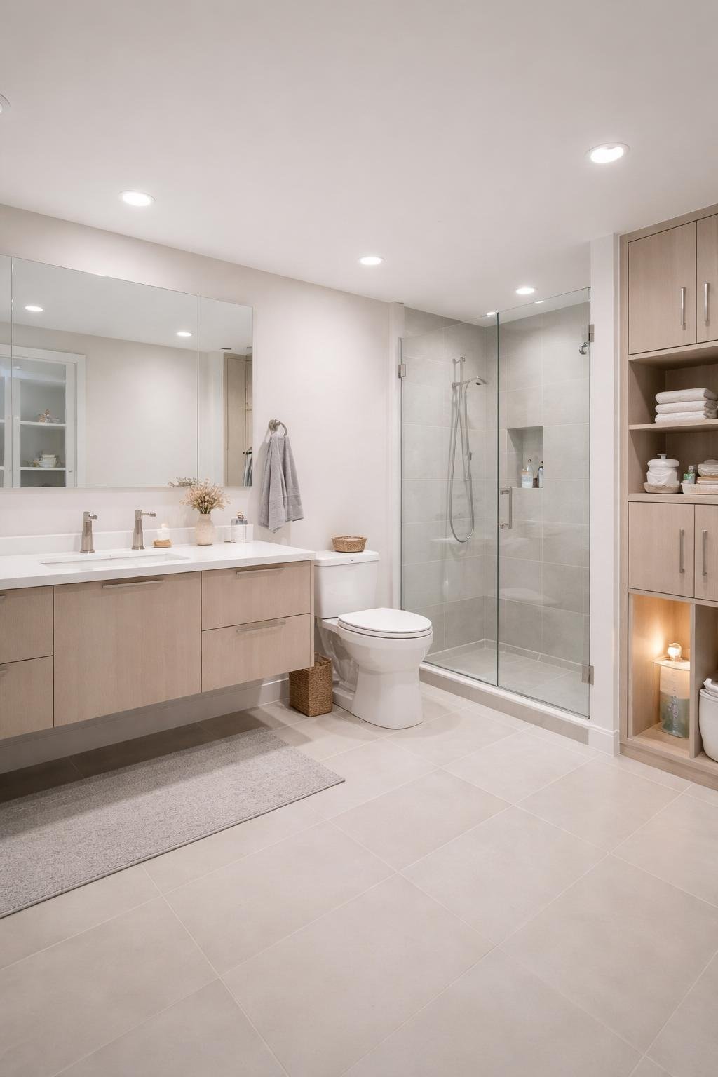 Wide view of a modern apartment bathroom showing a vanity, toilet, shower, and a cabinet with a soft night light inside.