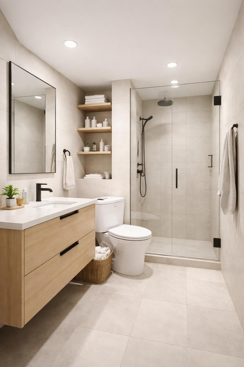 Wide view of a modern apartment bathroom with a vanity, mirror, glass shower, toilet, and built-in shelves, all arranged neatly in a bright and organized space.