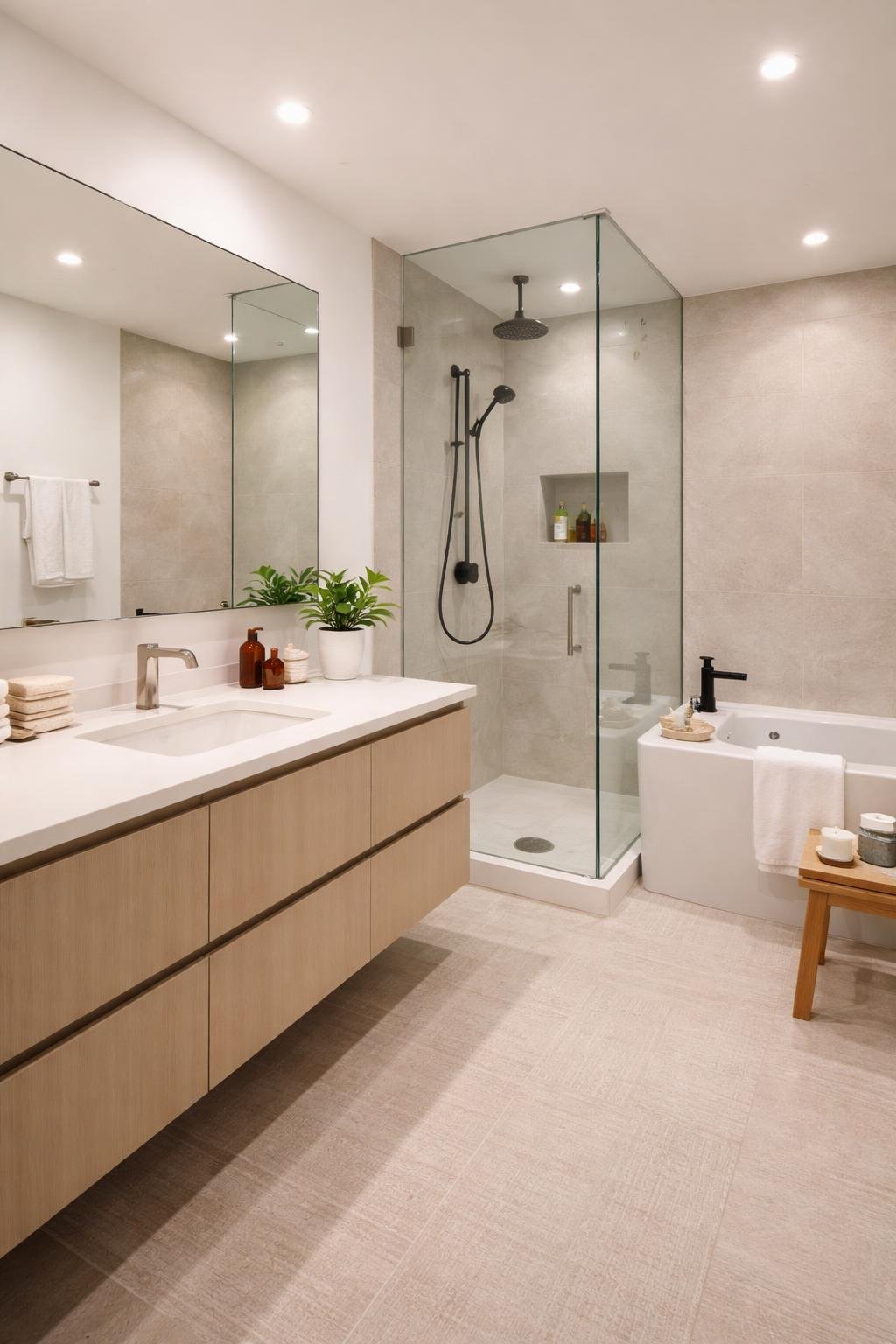A full view of an apartment bathroom showing a vanity with mirror, glass shower, bathtub, and neatly arranged towels and decor.