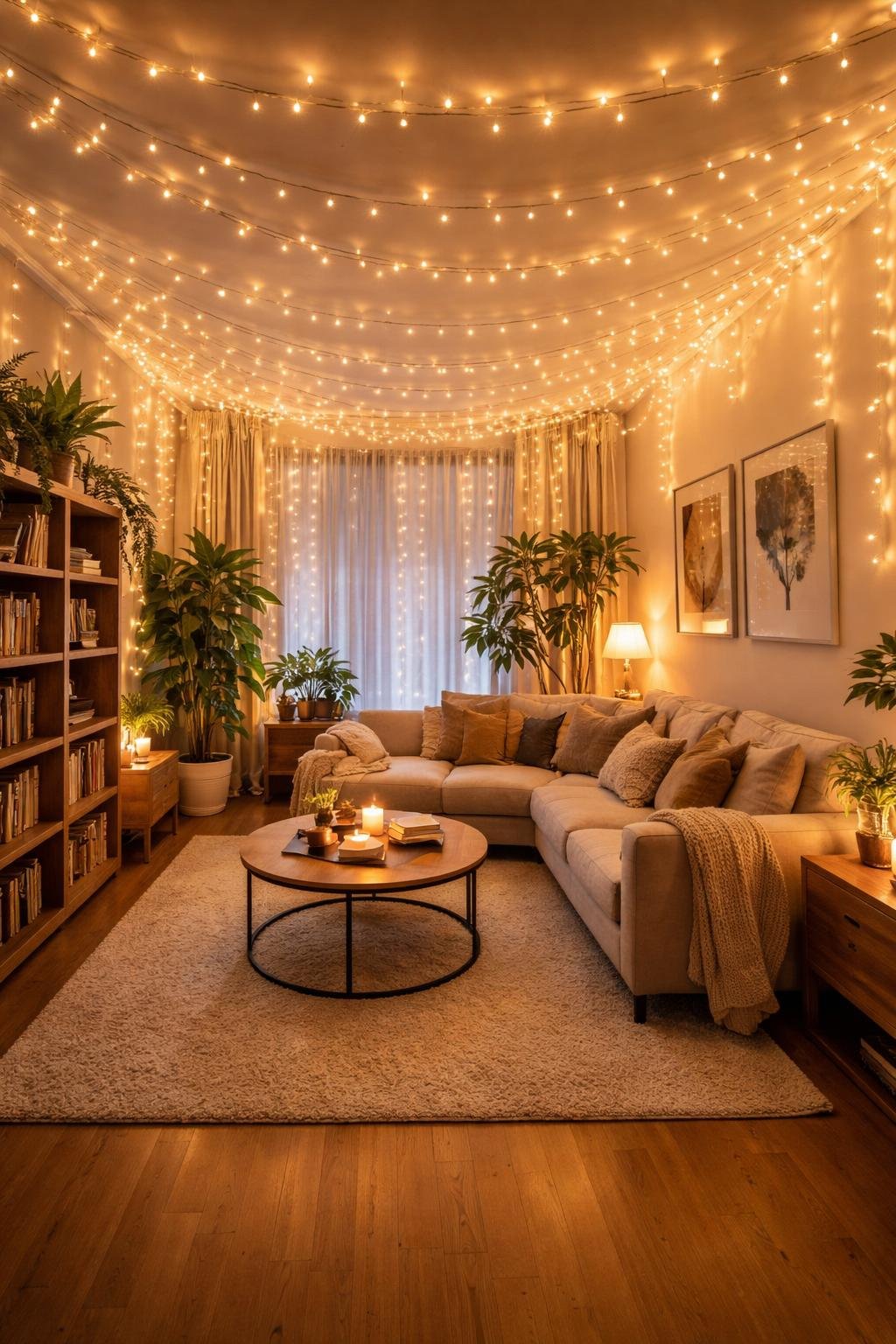 A cozy apartment living room with fairy lights layered across the ceiling and walls, featuring a sofa, coffee table, rug, plants, and artwork, all visible in a wide shot.