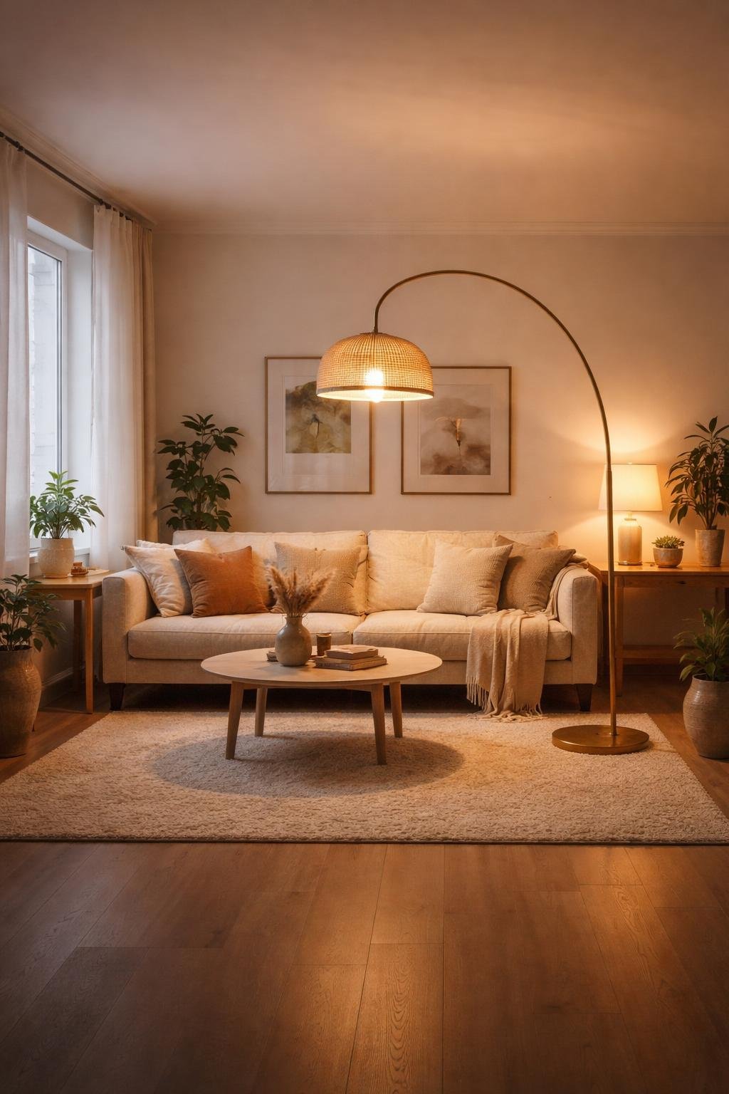 A cozy apartment living room with a floor lamp glowing warmly, a sofa, coffee table, plants, and soft natural light filling the space.
