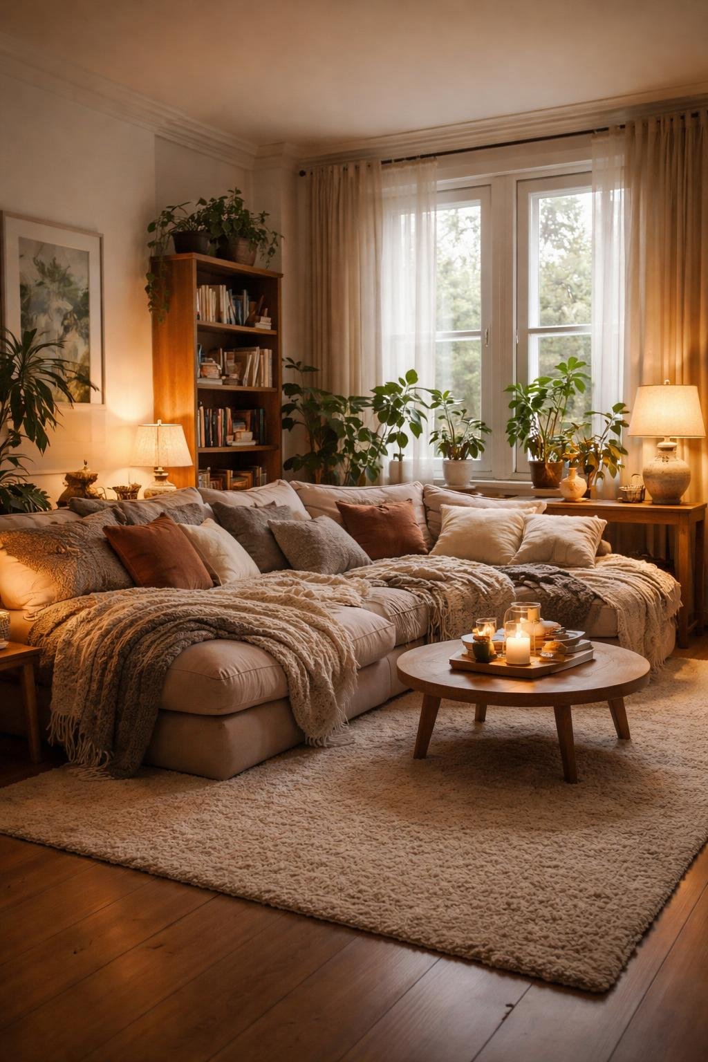 A cozy apartment living room with a sofa covered in multiple plush throws and cushions, a coffee table, lamps, plants, and large windows letting in natural light.