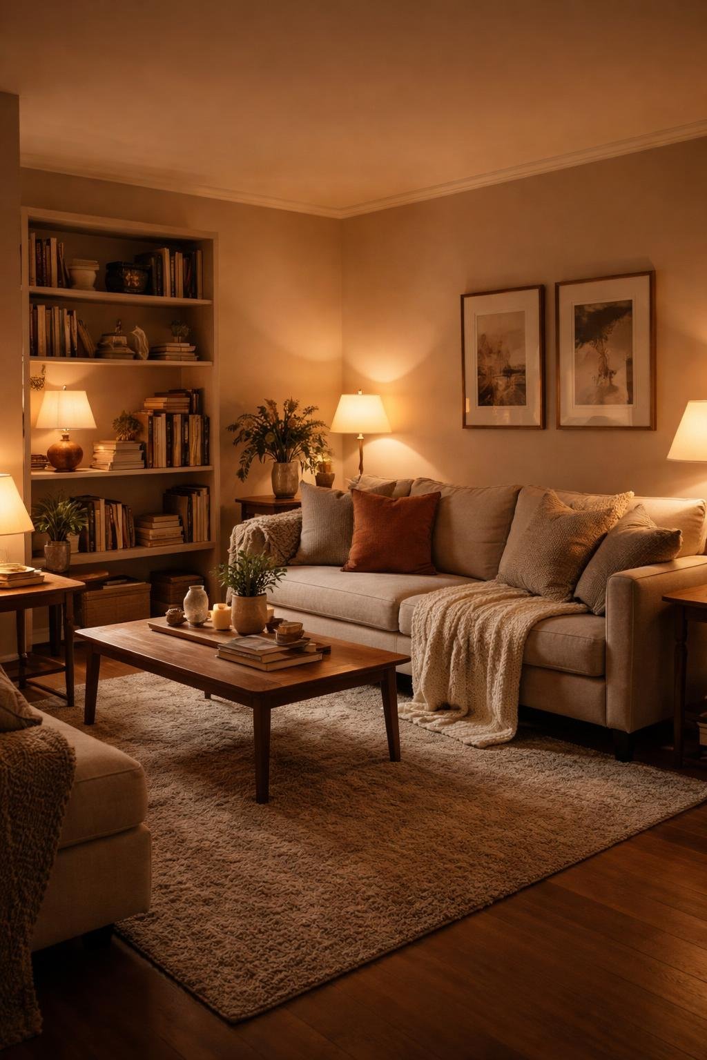 A wide view of a cozy apartment living room with warm lighting from table lamps, a sofa with pillows, a coffee table, a rug, and a bookshelf.