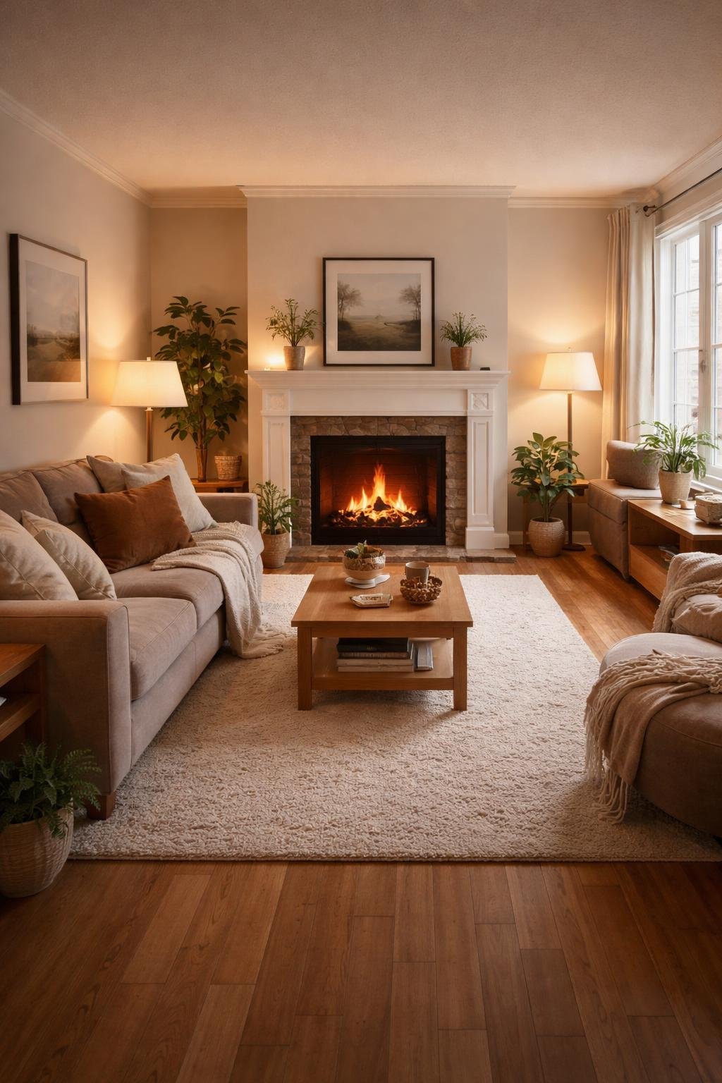 A cozy apartment living room with a faux fireplace, sofa, coffee table, lamps, plants, and natural light filling the space.