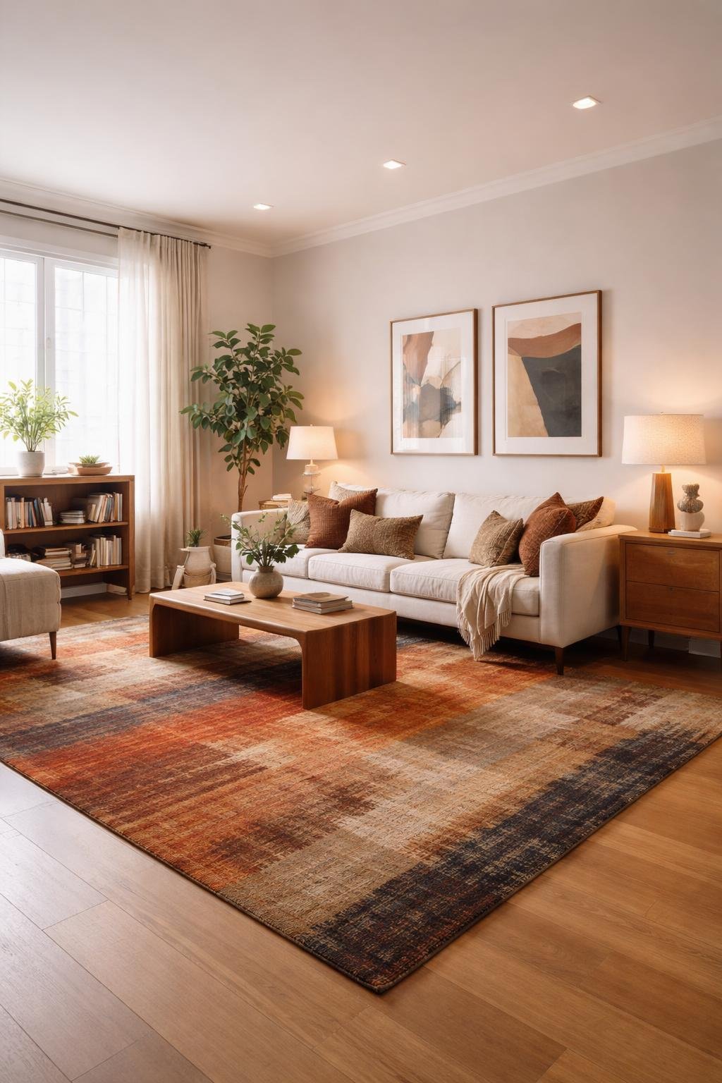 A wide view of a cozy apartment living room with a large colorful rug, sofa, coffee table, plants, and soft lighting.