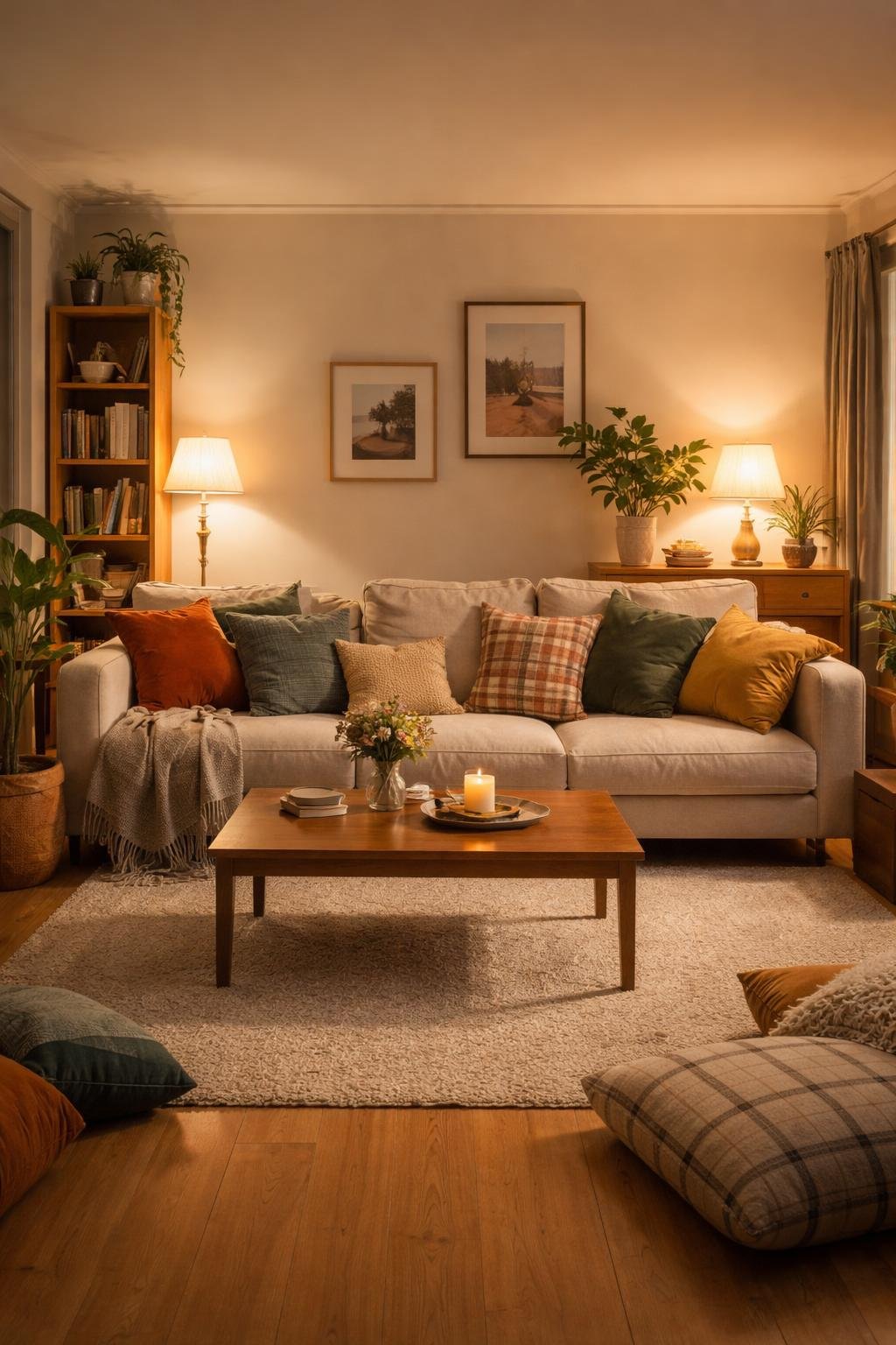 A cozy apartment living room with a sofa covered in various mismatched cushions, a coffee table, rugs, lamps, and decorative plants.