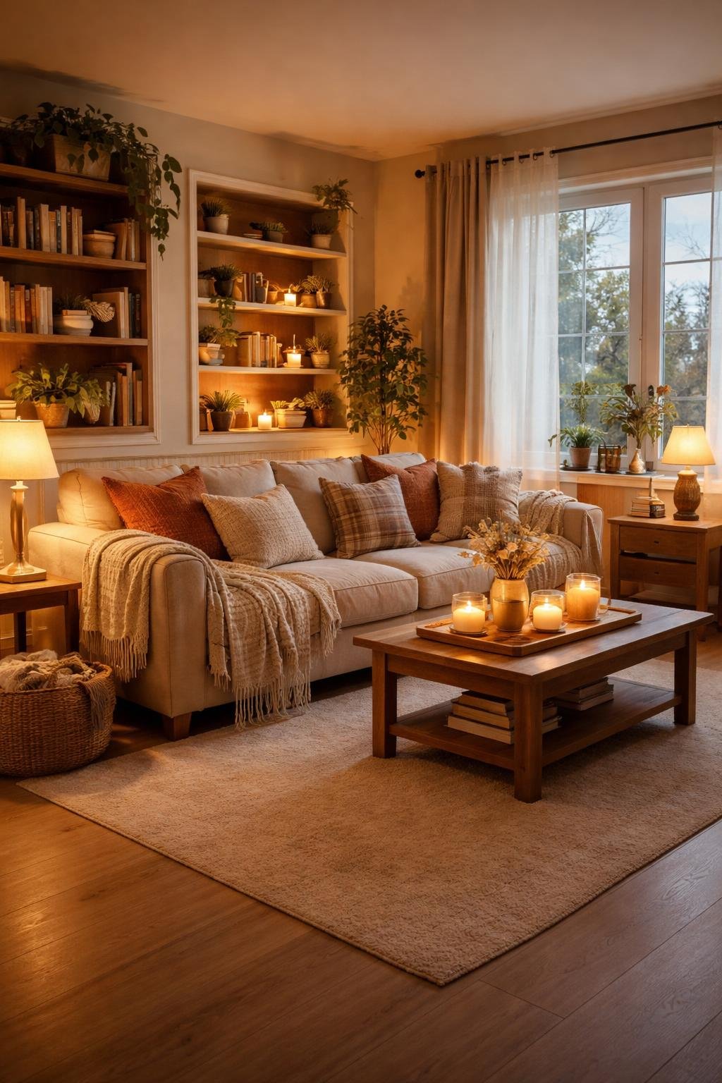 A cozy apartment living room with a sofa, wooden coffee table, lit candles, bookshelves, plants, and large windows with sheer curtains.